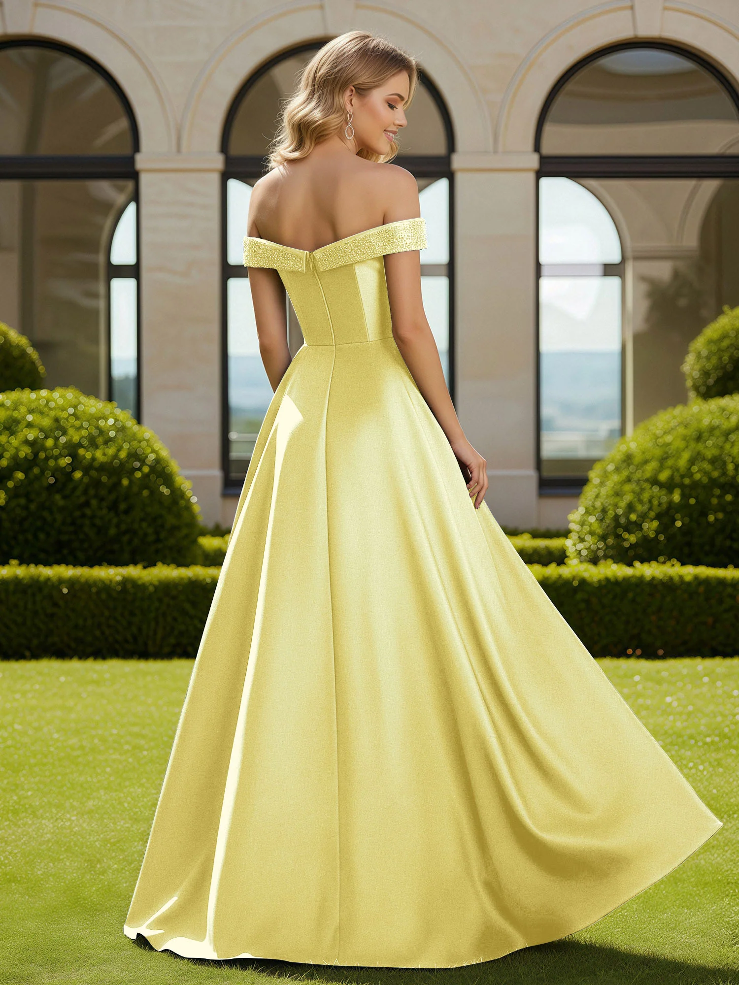 A-Line Beaded Off-the-shoulder Long Dress With Slit Daffodil - Image 2