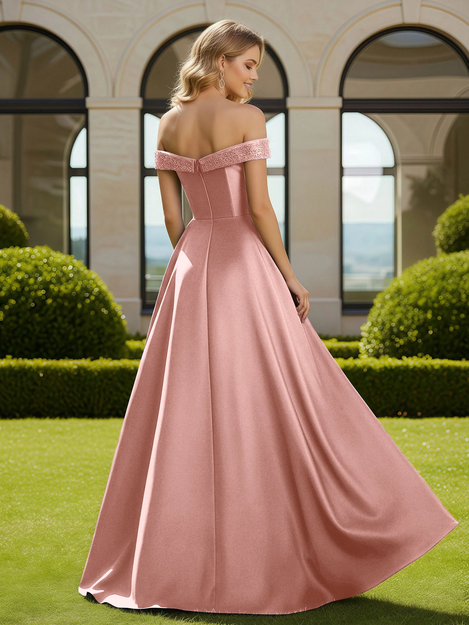 A-Line Beaded Off-the-shoulder Long Dress With Slit Dusty Rose - Image 2