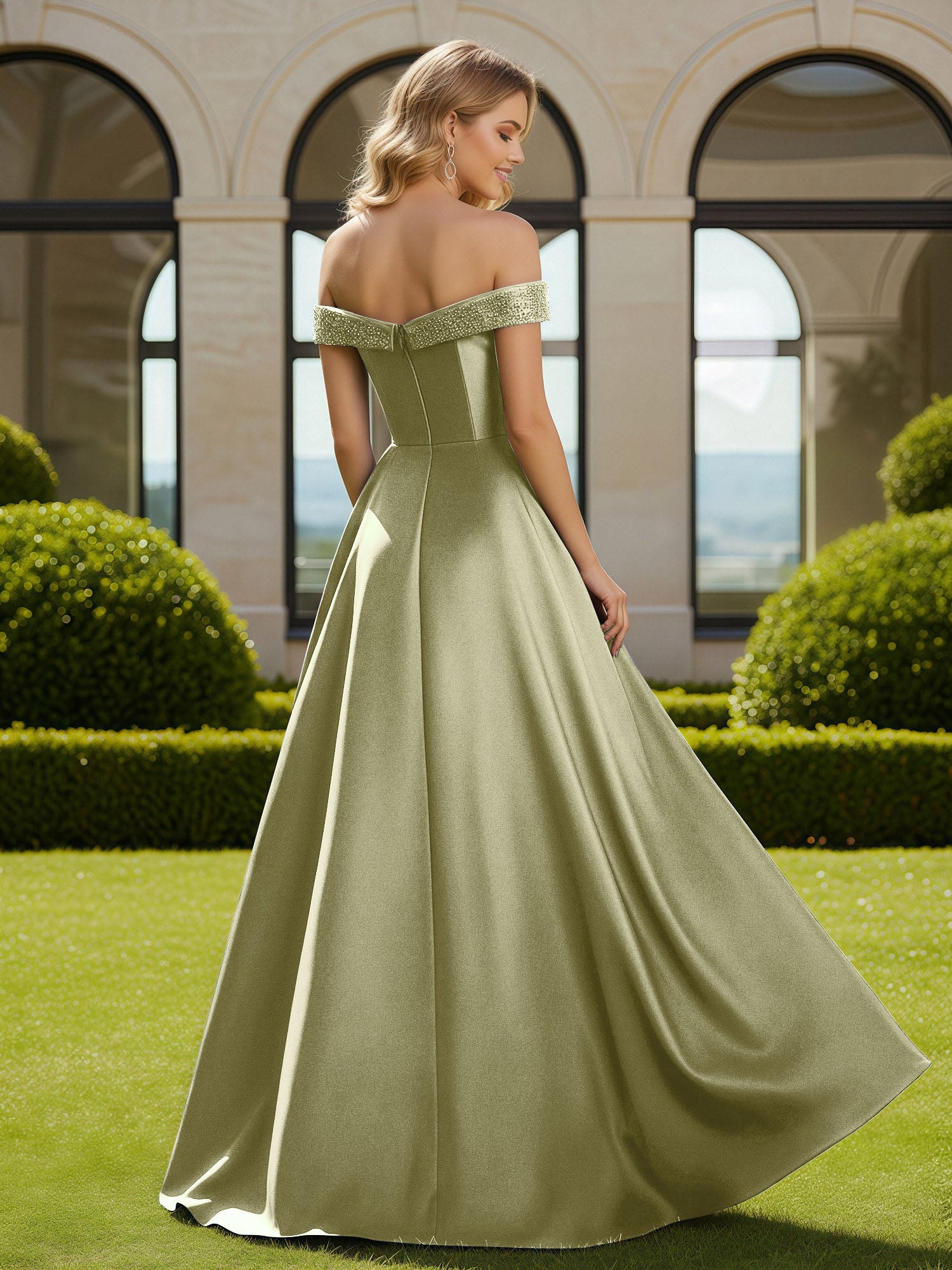 A-Line Beaded Off-the-shoulder Long Dress With Slit Dusty Sage - Image 2
