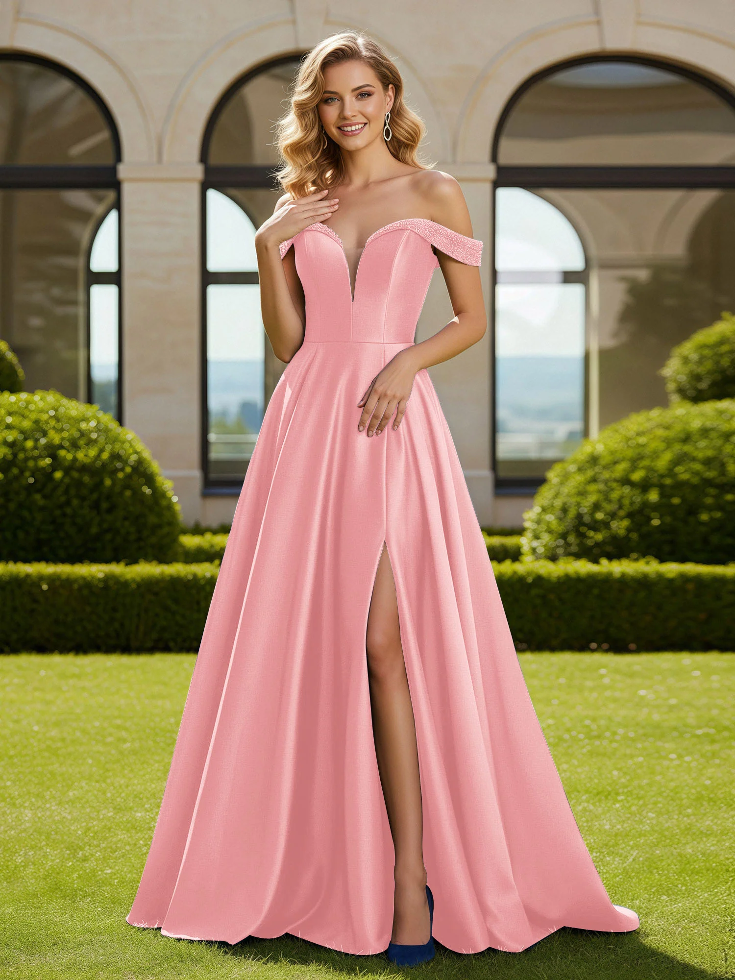 A-Line Beaded Off-the-shoulder Long Dress With Slit Flamingo