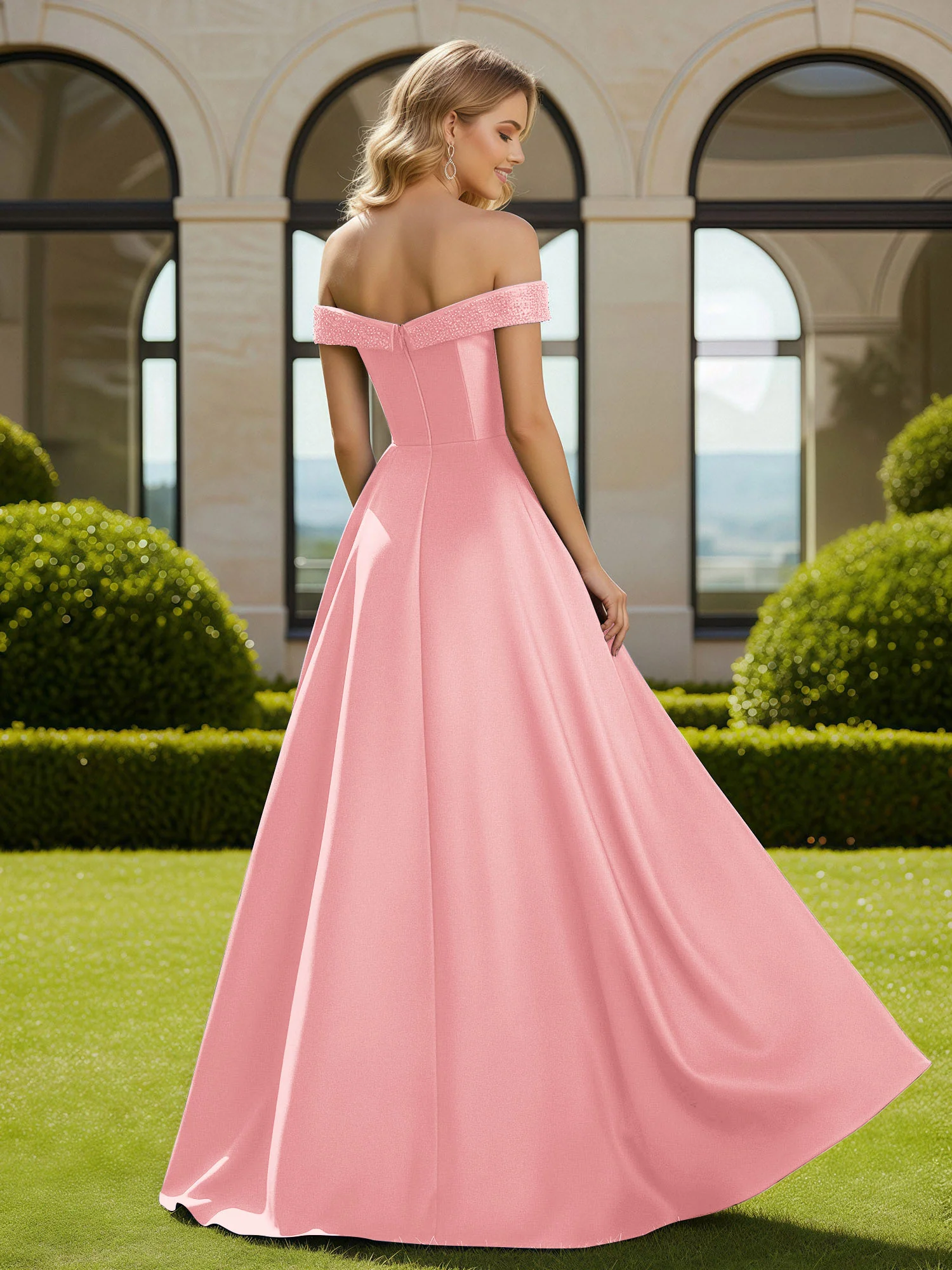 A-Line Beaded Off-the-shoulder Long Dress With Slit Flamingo - Image 2