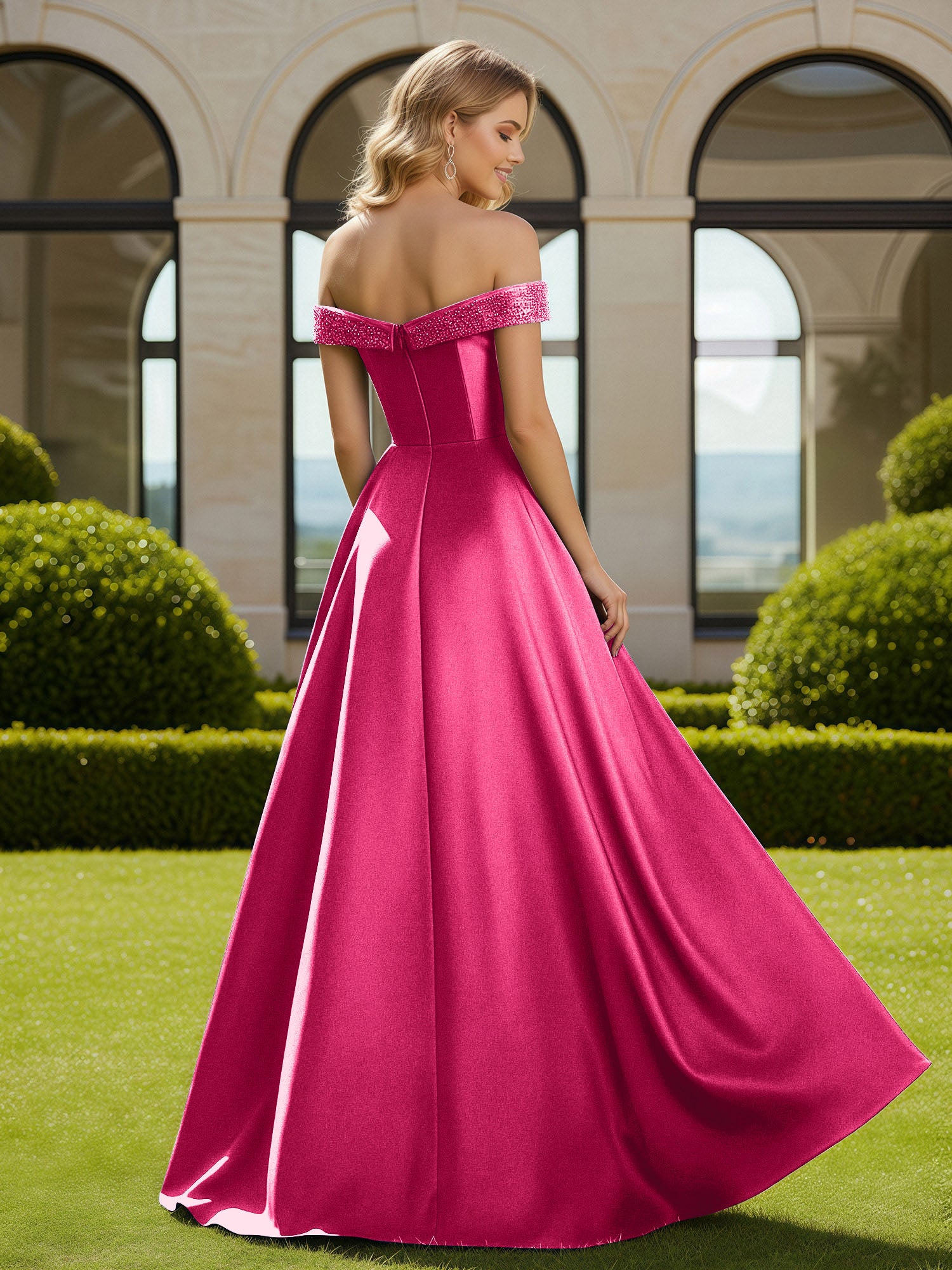 A-Line Beaded Off-the-shoulder Long Dress With Slit Fuchsia - Image 2