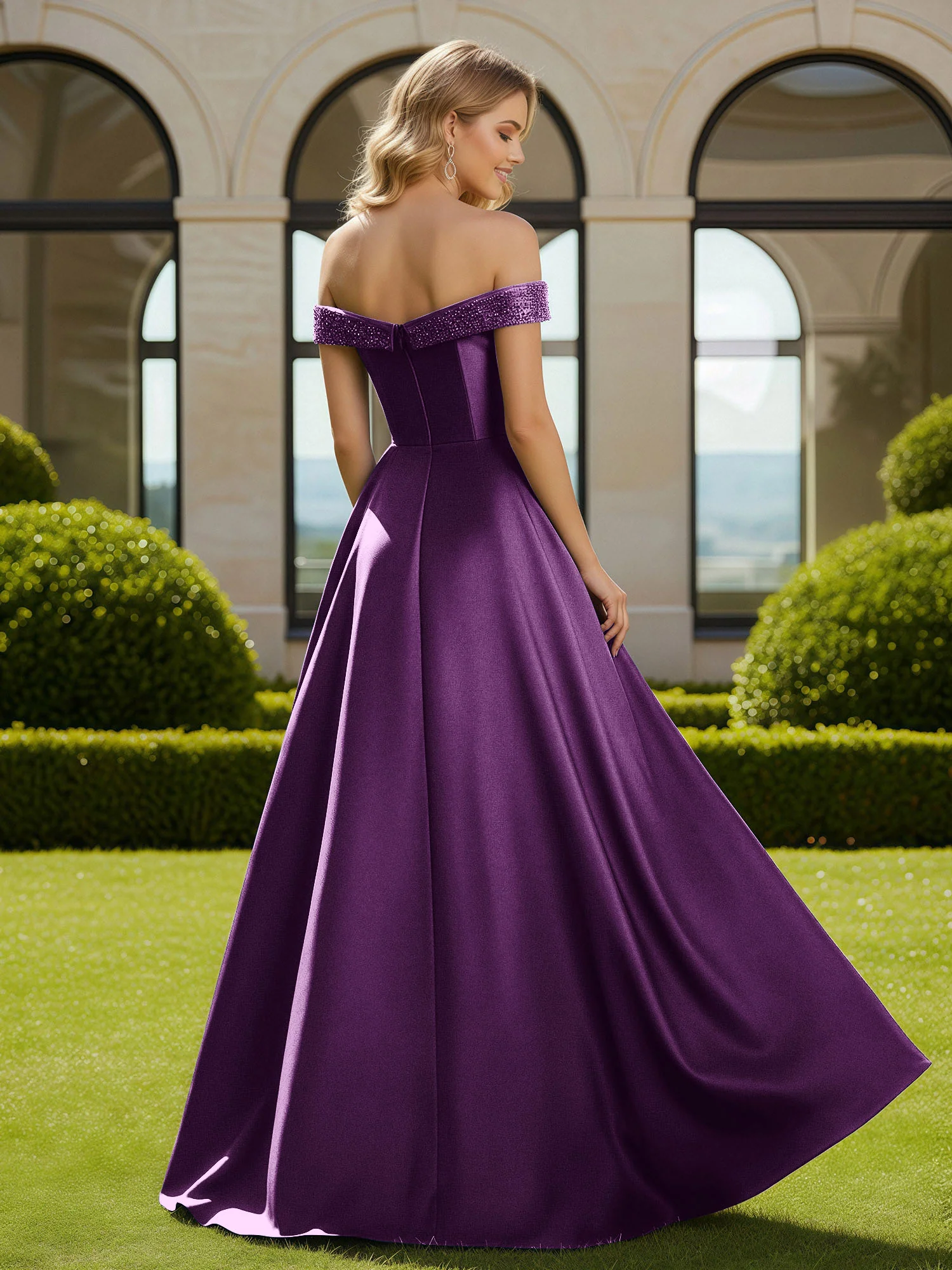A-Line Beaded Off-the-shoulder Long Dress With Slit Grape - Image 2