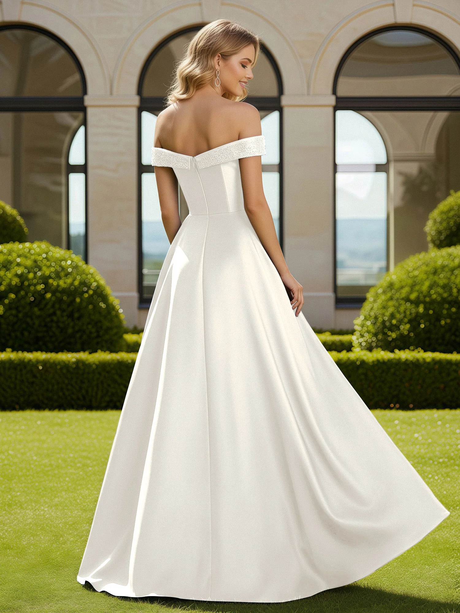A-Line Beaded Off-the-shoulder Long Dress With Slit Ivory - Image 2
