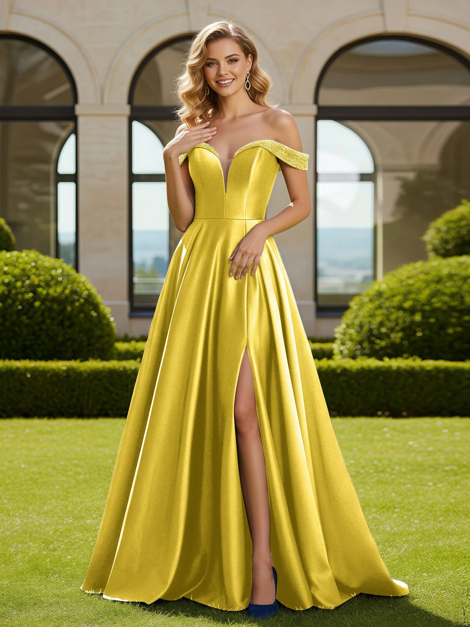 A-Line Beaded Off-the-shoulder Long Dress With Slit Marigold