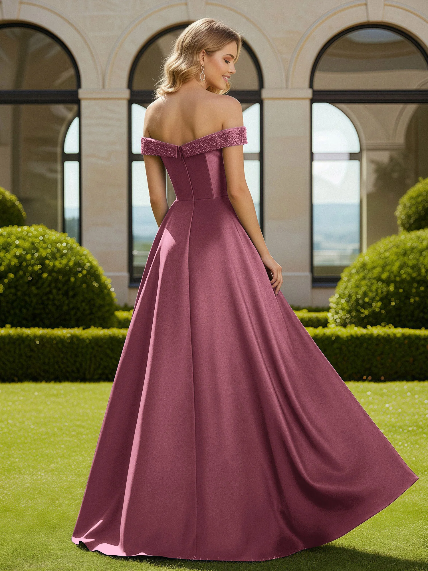 A-Line Beaded Off-the-shoulder Long Dress With Slit Mulberry - Image 2