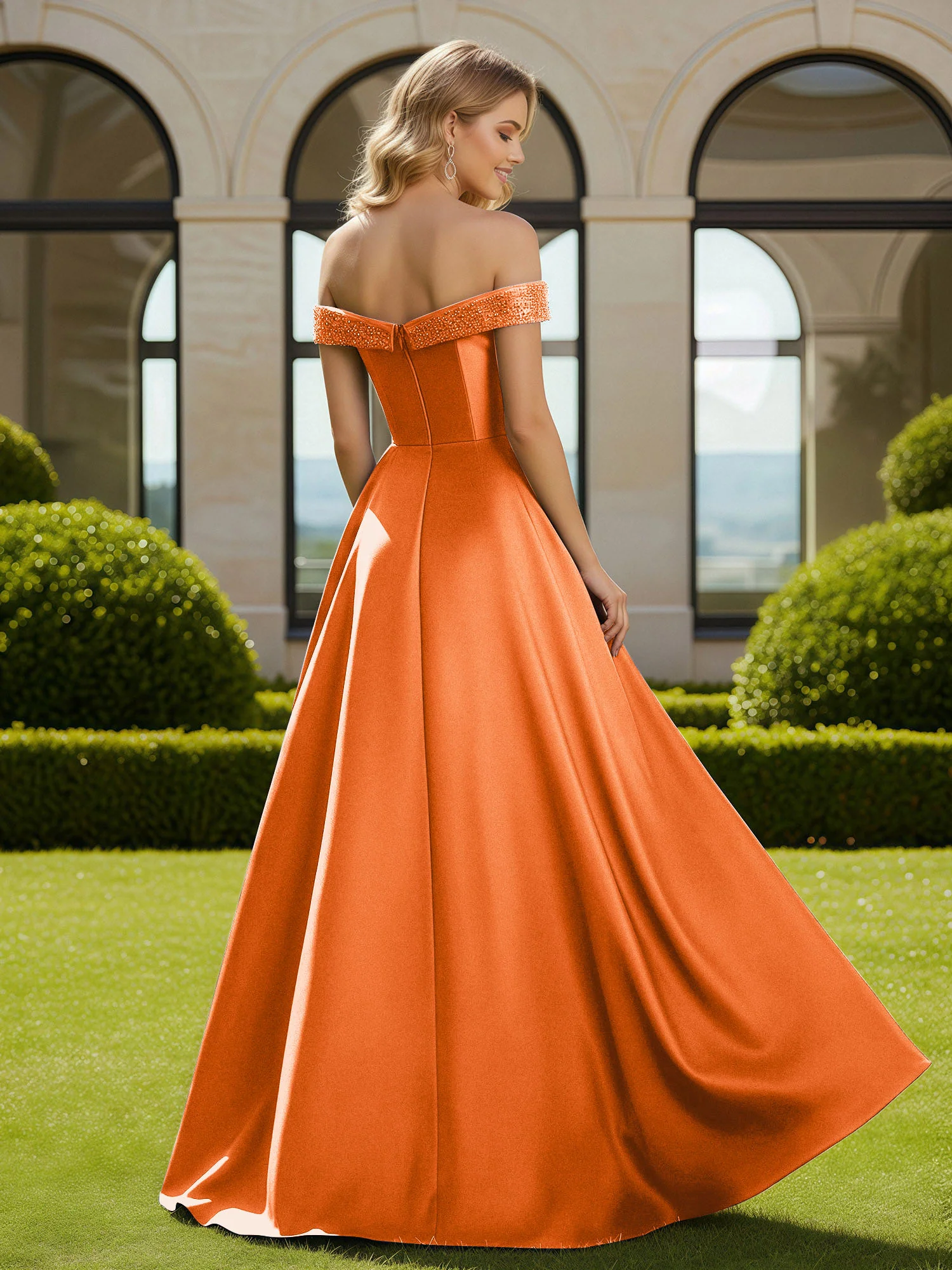 A-Line Beaded Off-the-shoulder Long Dress With Slit Orange - Image 2