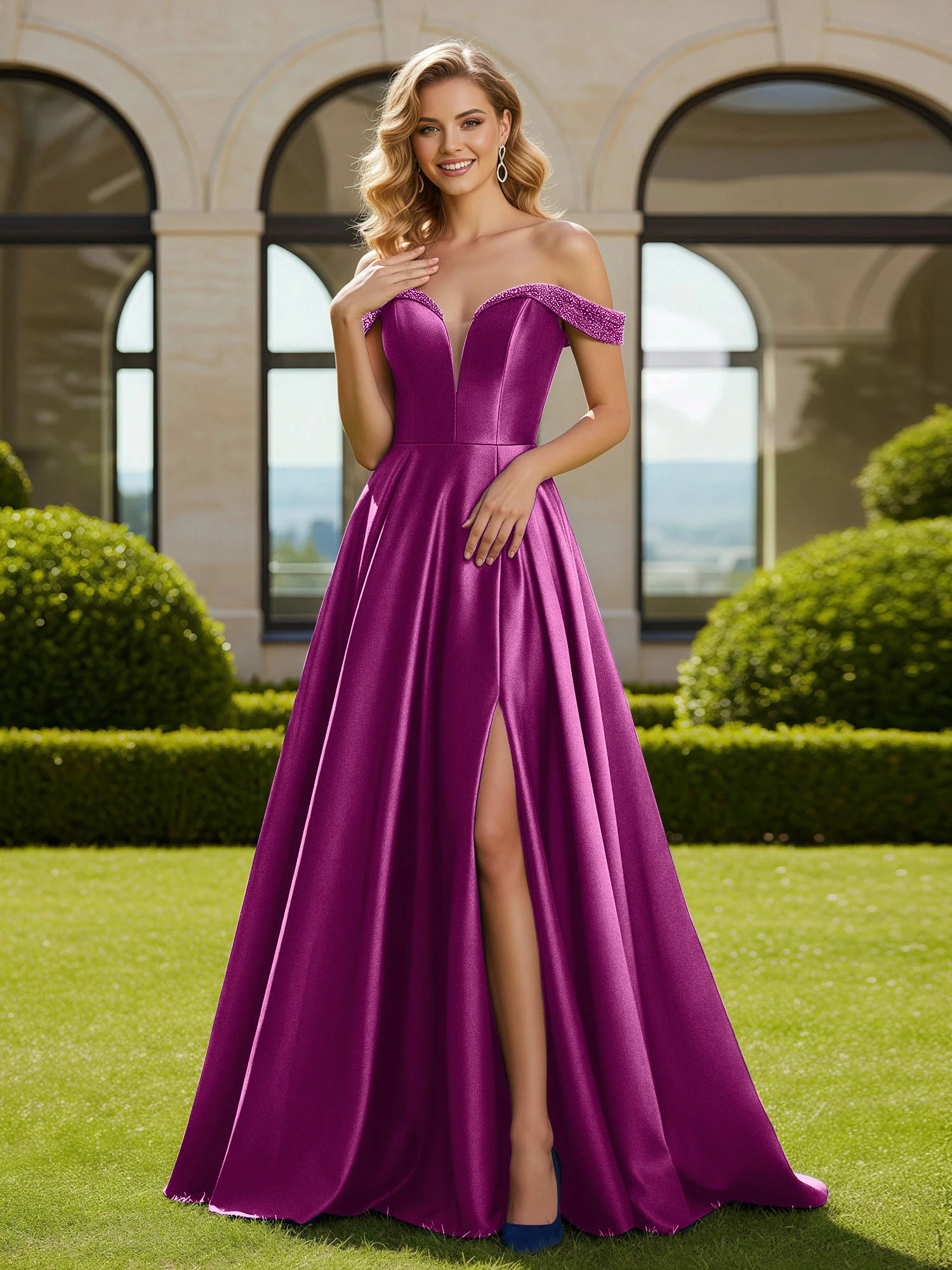 A-Line Beaded Off-the-shoulder Long Dress With Slit Orchid