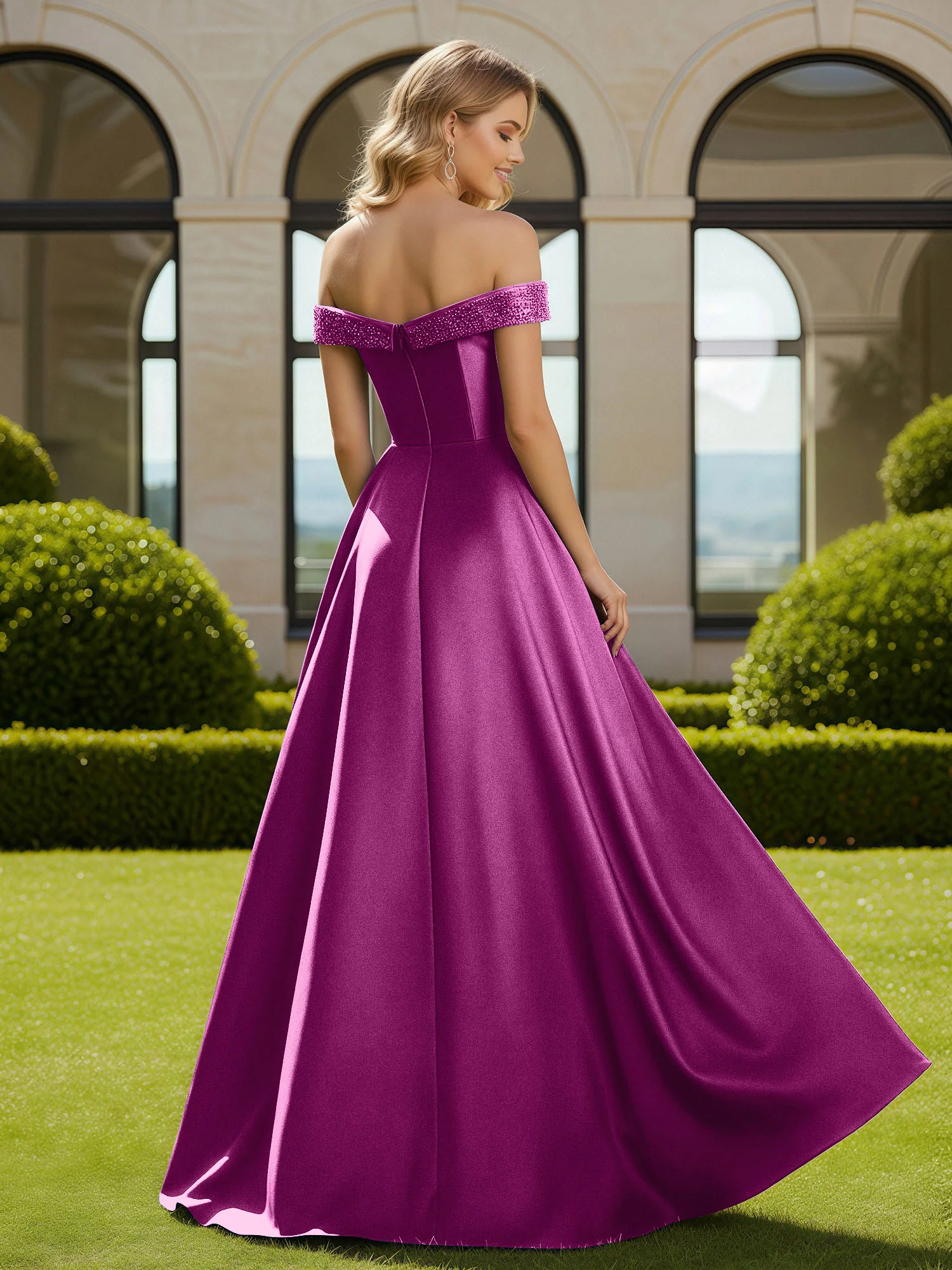 A-Line Beaded Off-the-shoulder Long Dress With Slit Orchid - Image 2