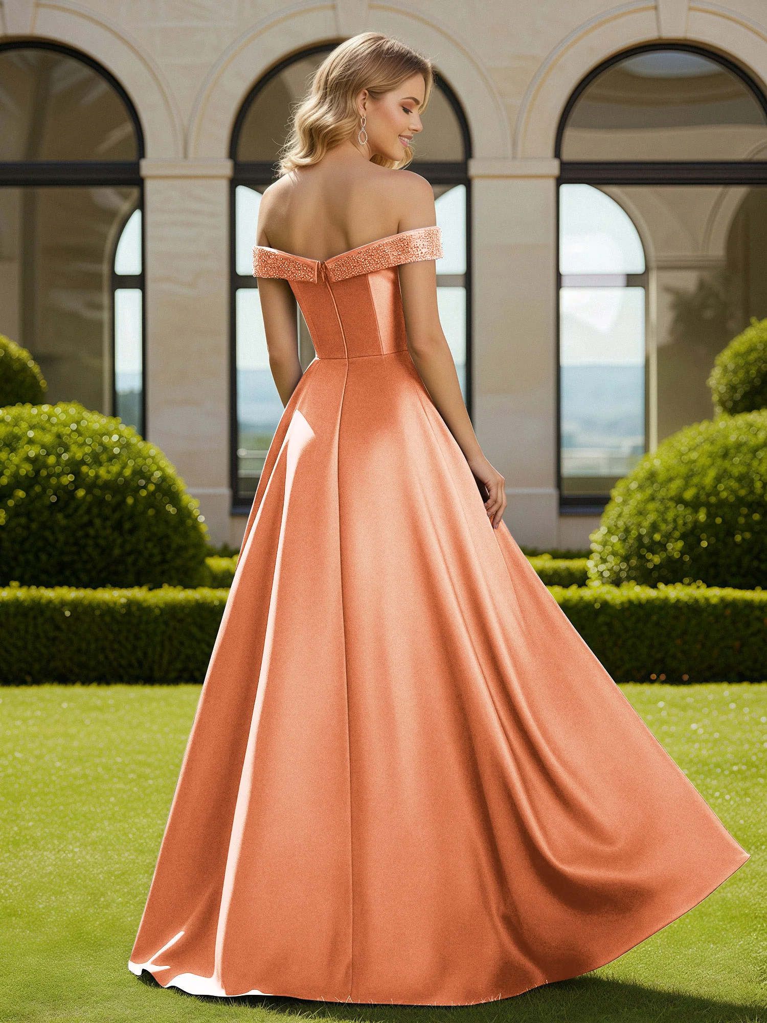 A-Line Beaded Off-the-shoulder Long Dress With Slit Papaya - Image 2