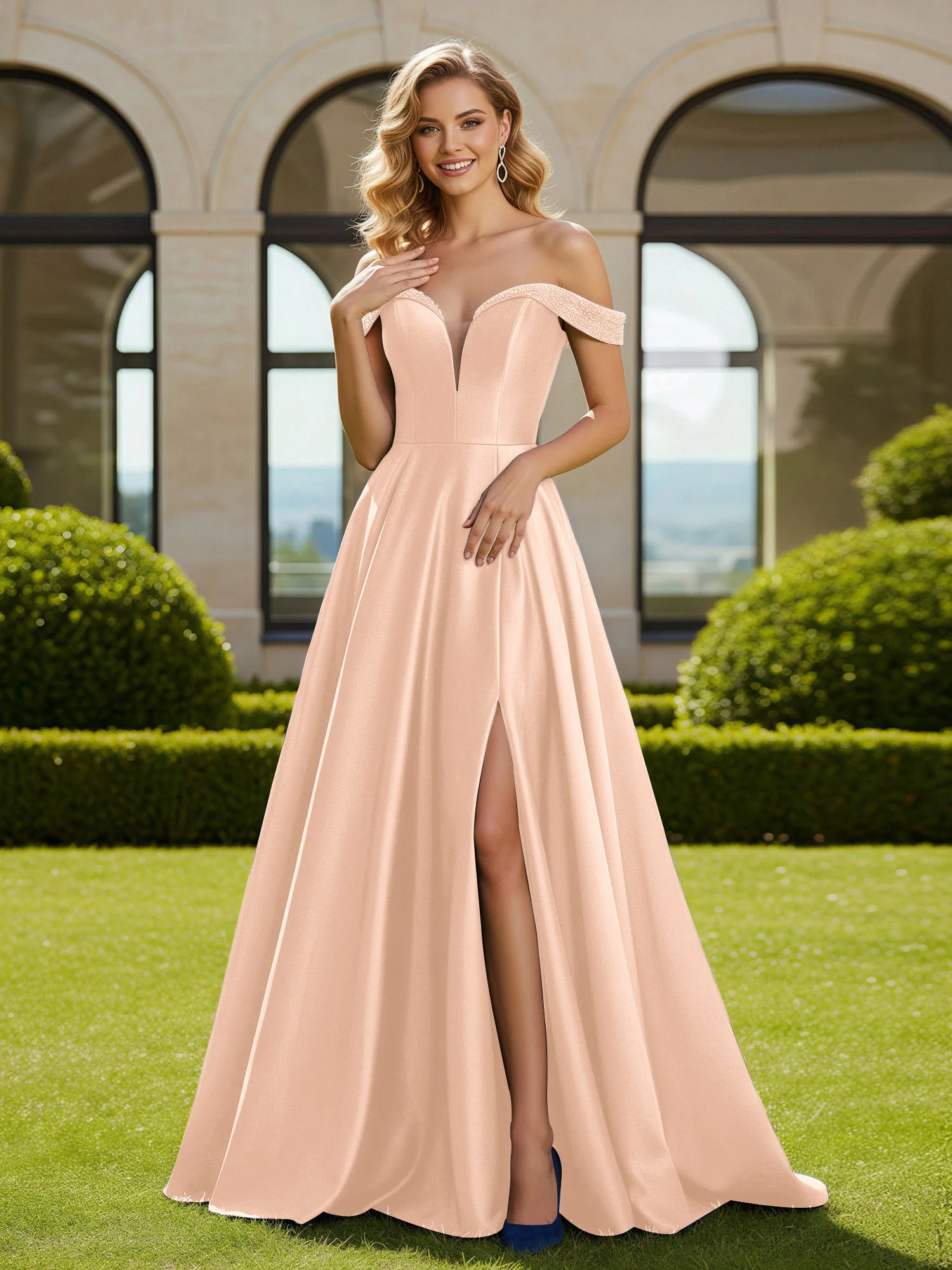 A-Line Beaded Off-the-shoulder Long Dress With Slit Peach