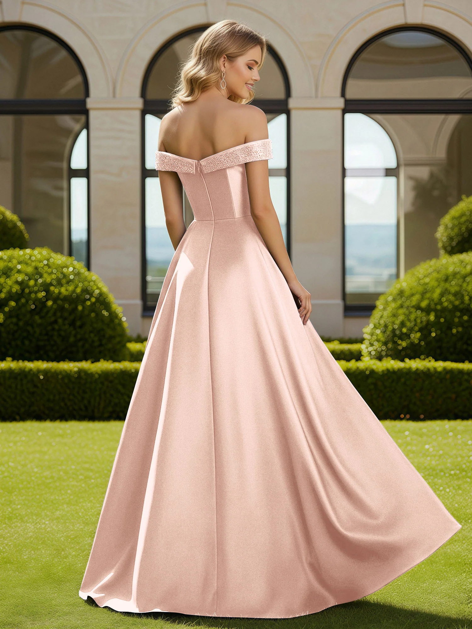A-Line Beaded Off-the-shoulder Long Dress With Slit Pearl Pink - Image 2