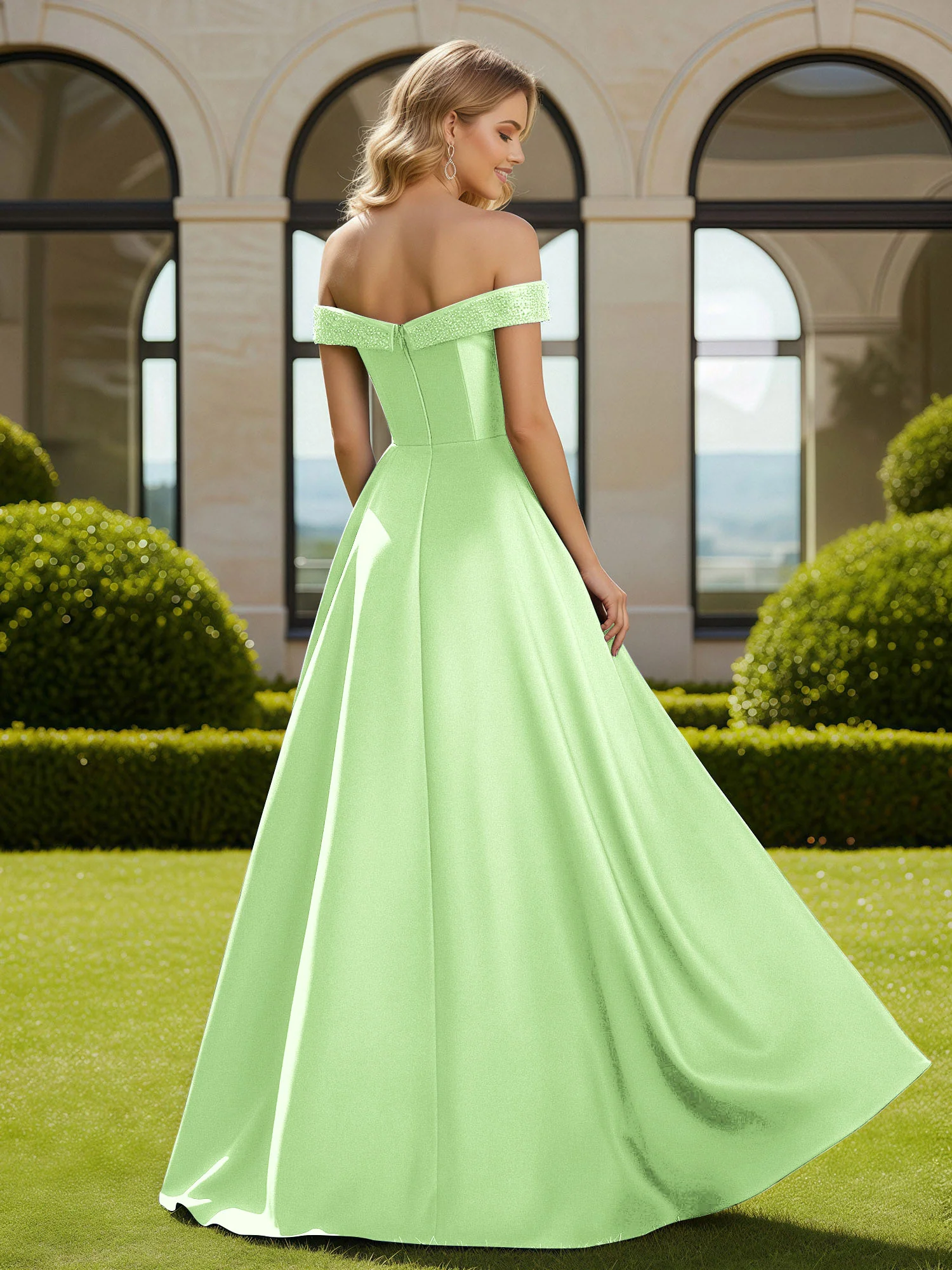 A-Line Beaded Off-the-shoulder Long Dress With Slit Sage - Image 2