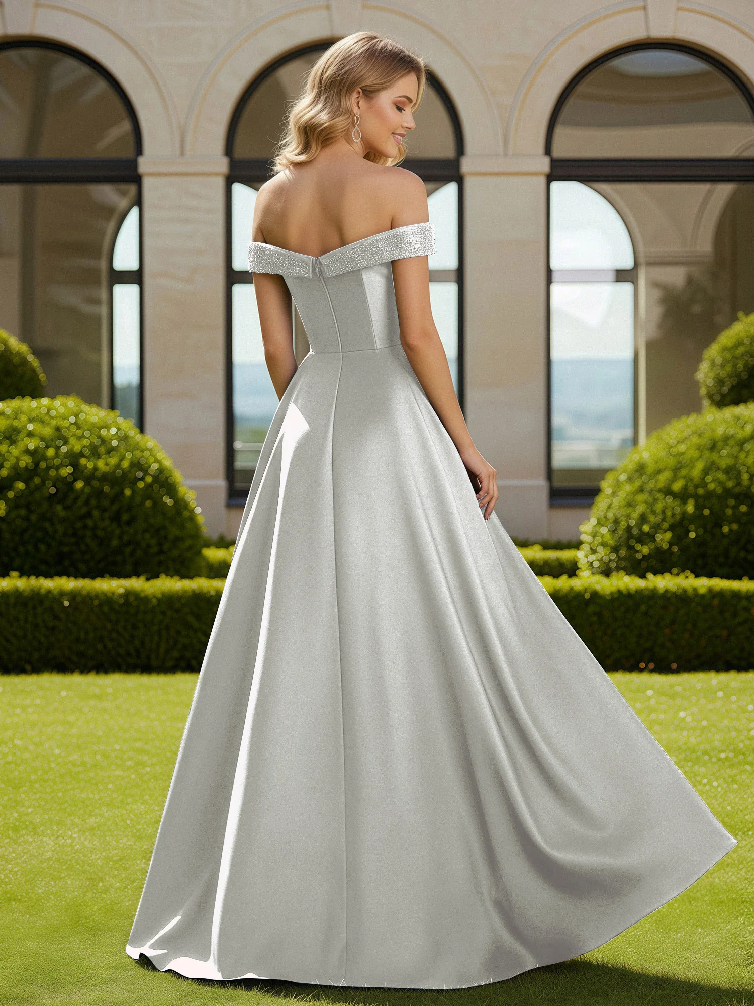 A-Line Beaded Off-the-shoulder Long Dress With Slit Silver - Image 2