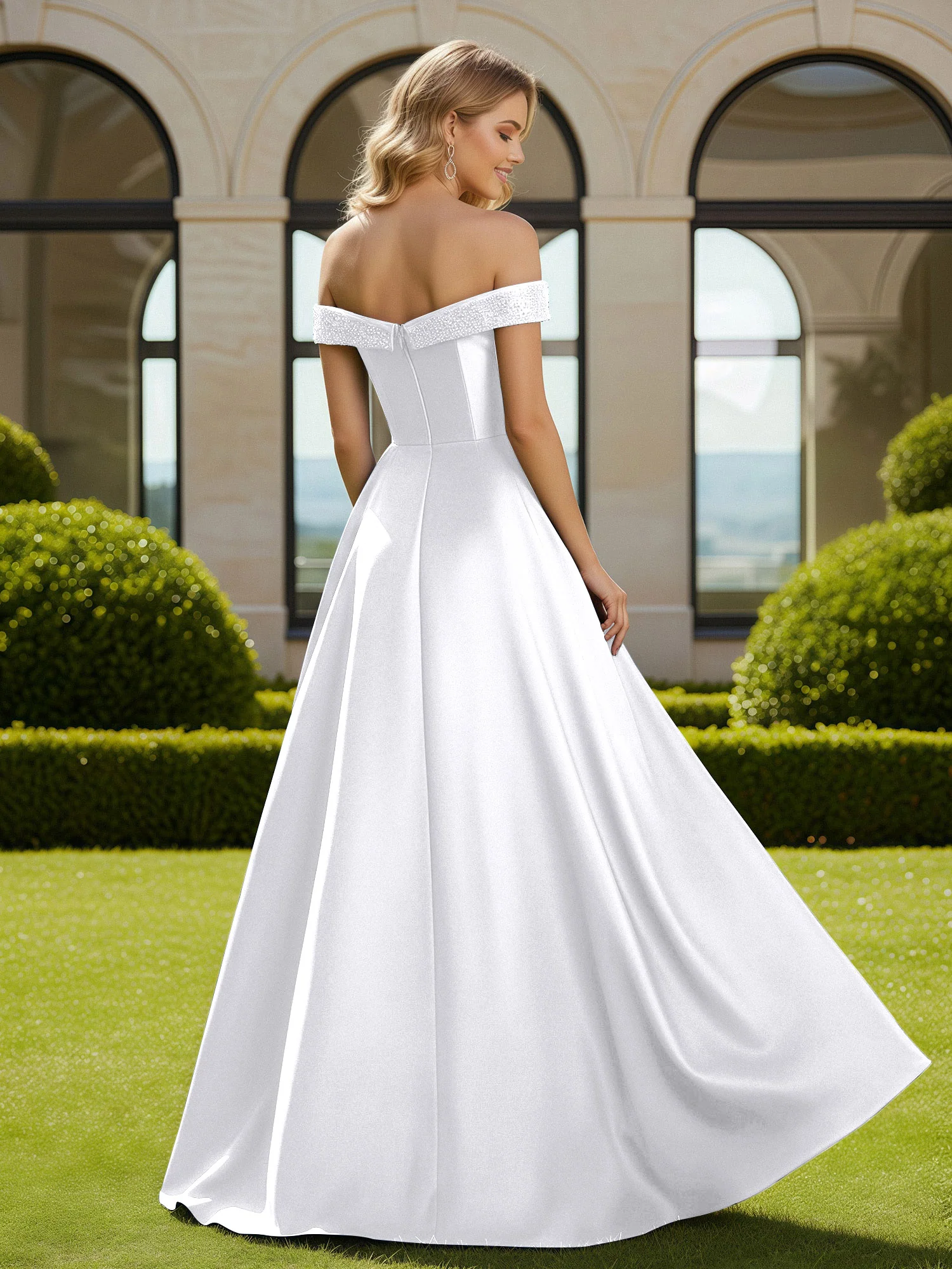 A-Line Beaded Off-the-shoulder Long Dress With Slit White - Image 2