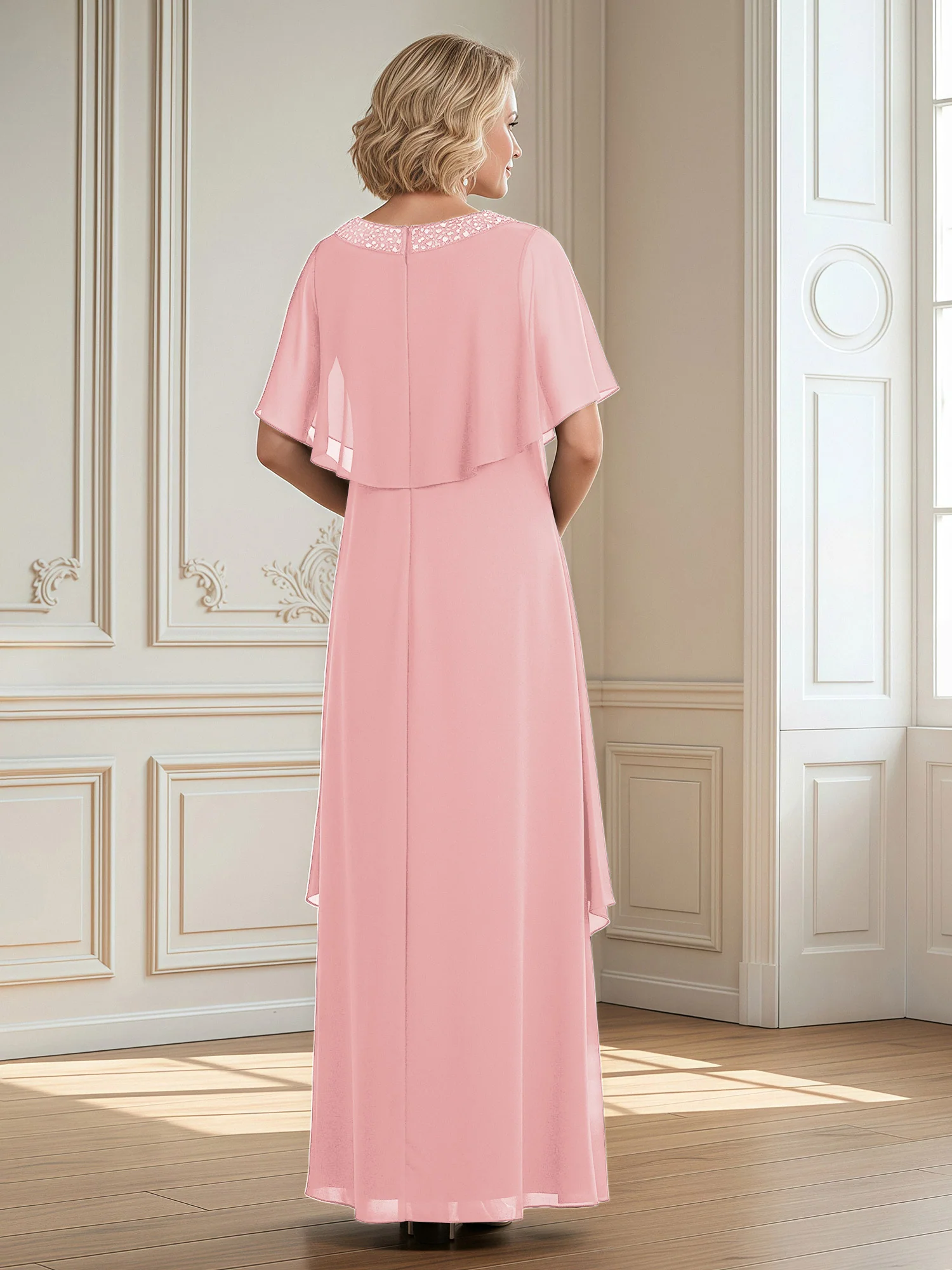 A-Line Beaded Scoop Floor-length Chiffon Dress Blushing Pink - Image 2