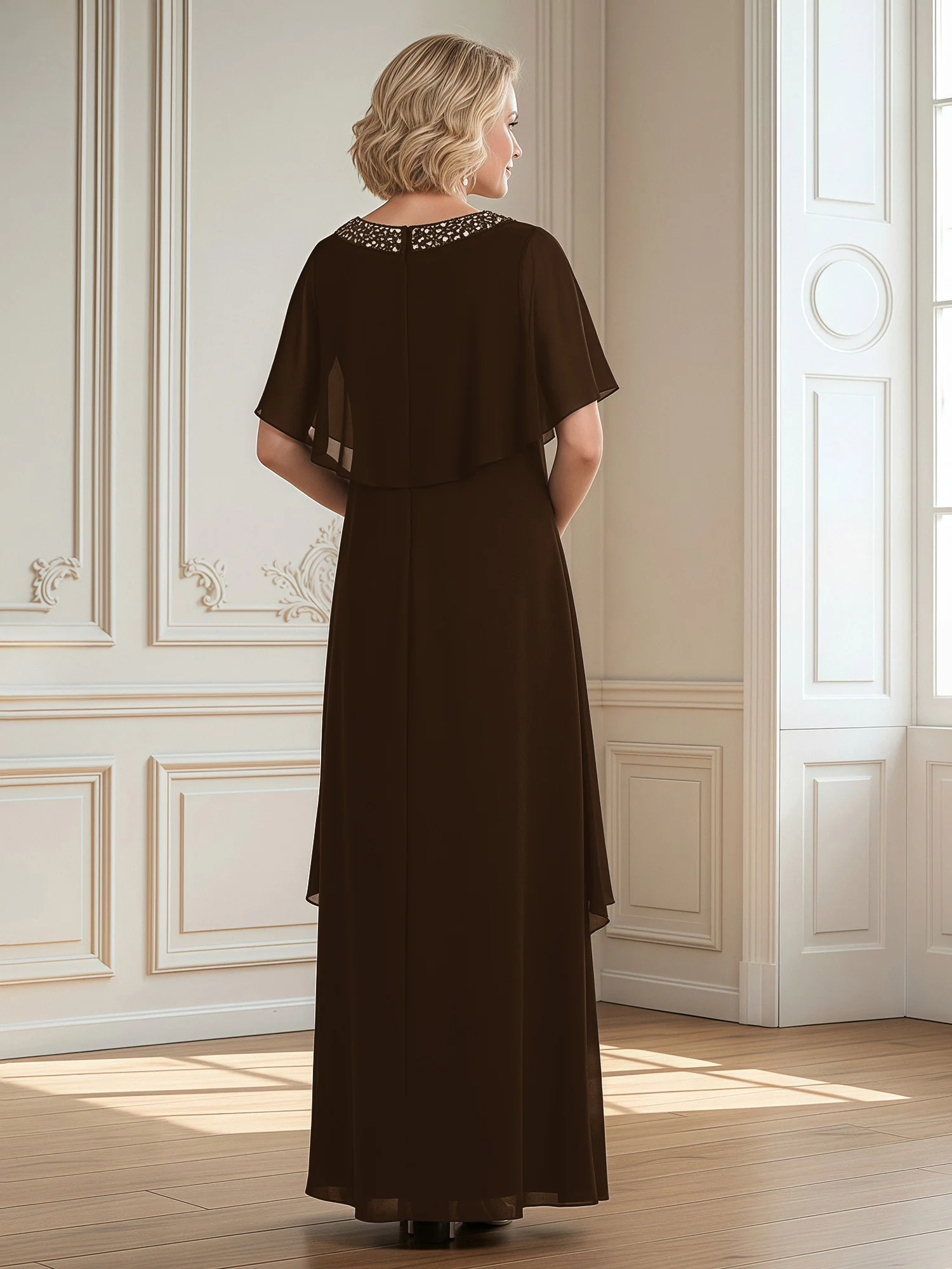 A-Line Beaded Scoop Floor-length Chiffon Dress Brown - Image 2