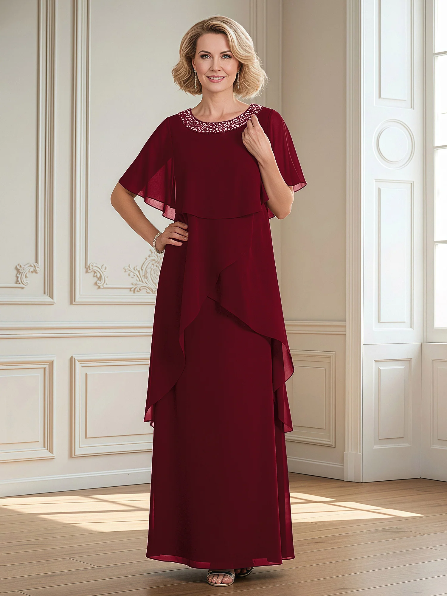 A-Line Beaded Scoop Floor-length Chiffon Dress Burgundy