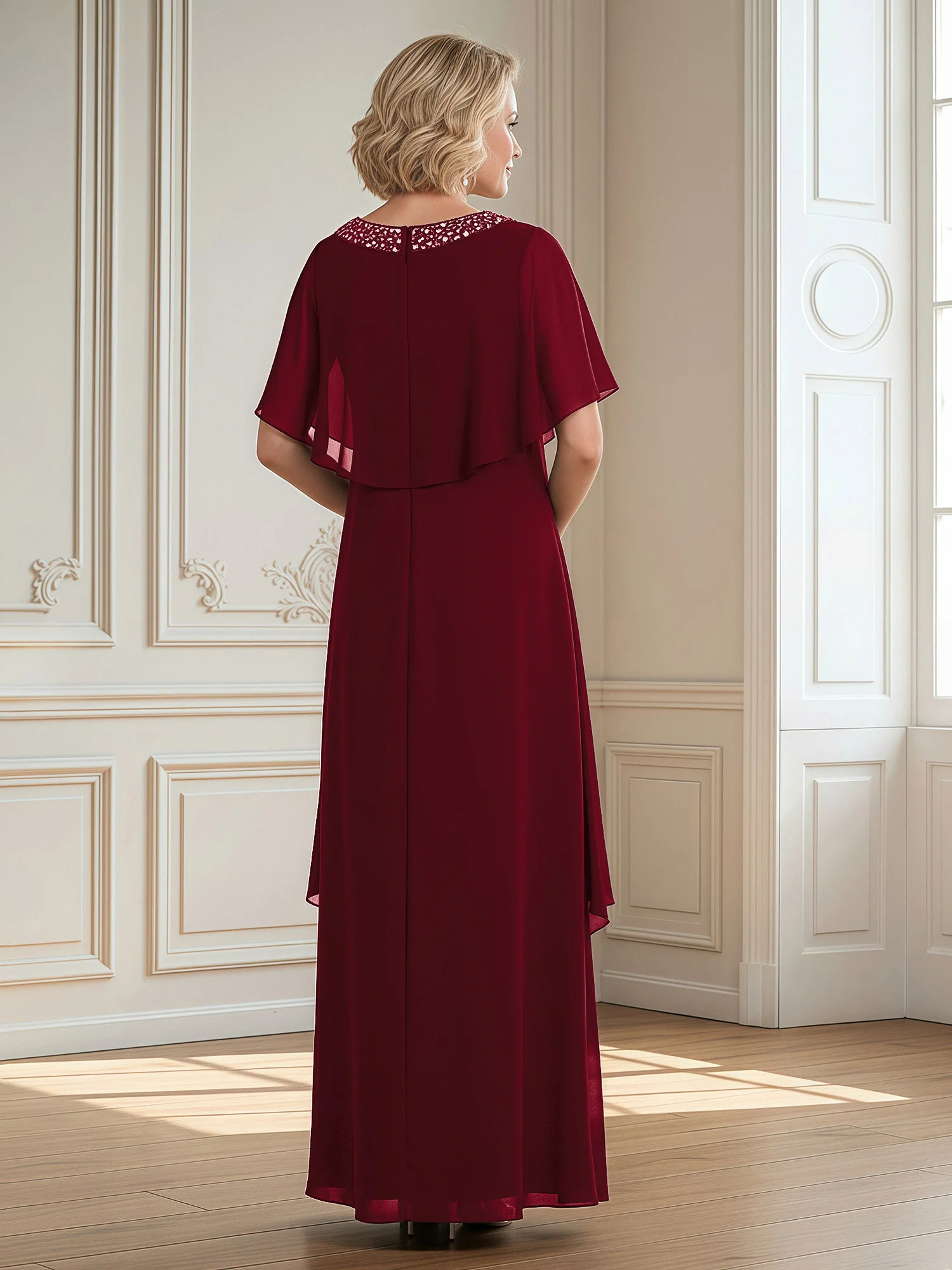 A-Line Beaded Scoop Floor-length Chiffon Dress Burgundy - Image 2