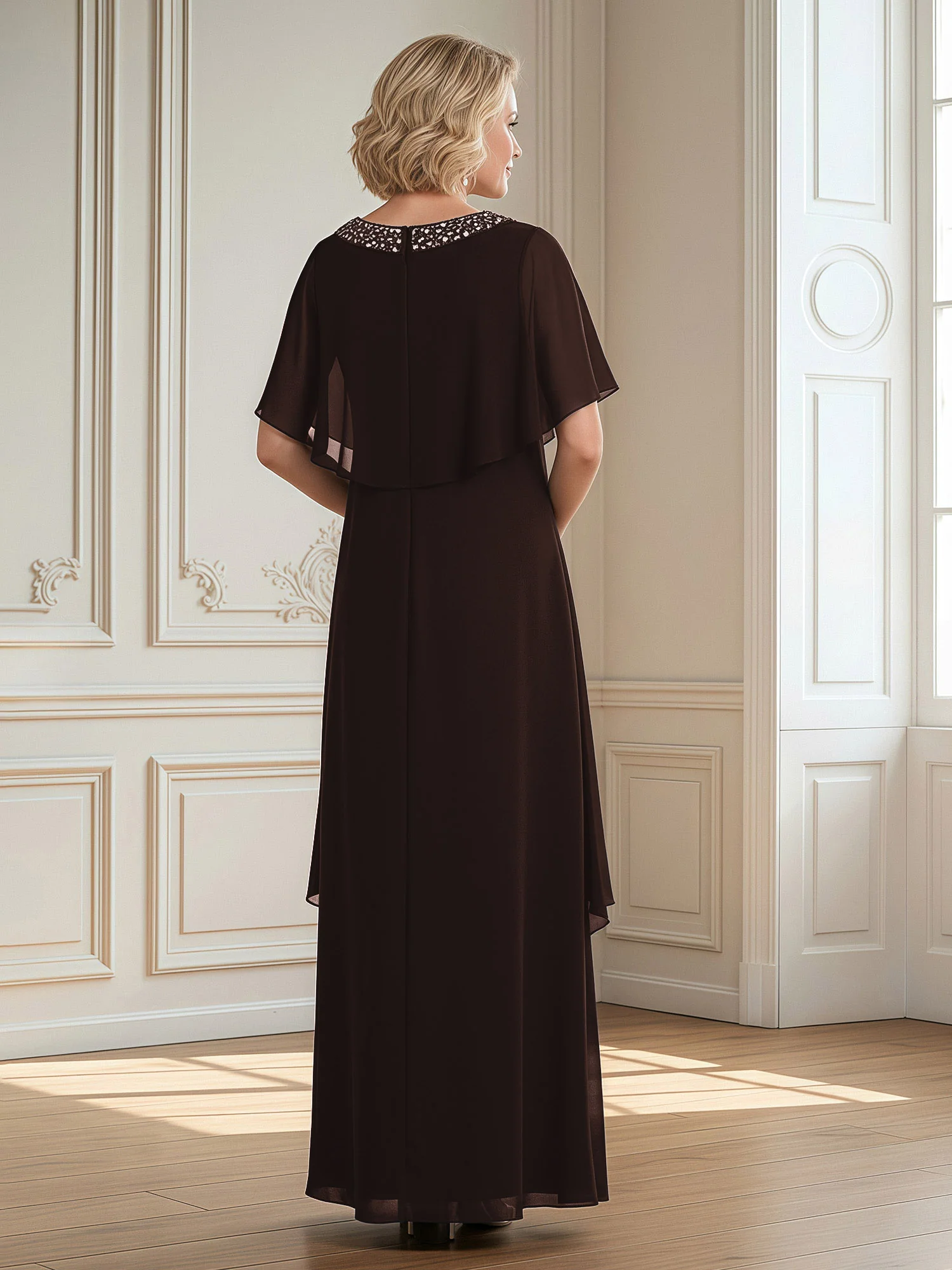 A-Line Beaded Scoop Floor-length Chiffon Dress Chocolate - Image 2