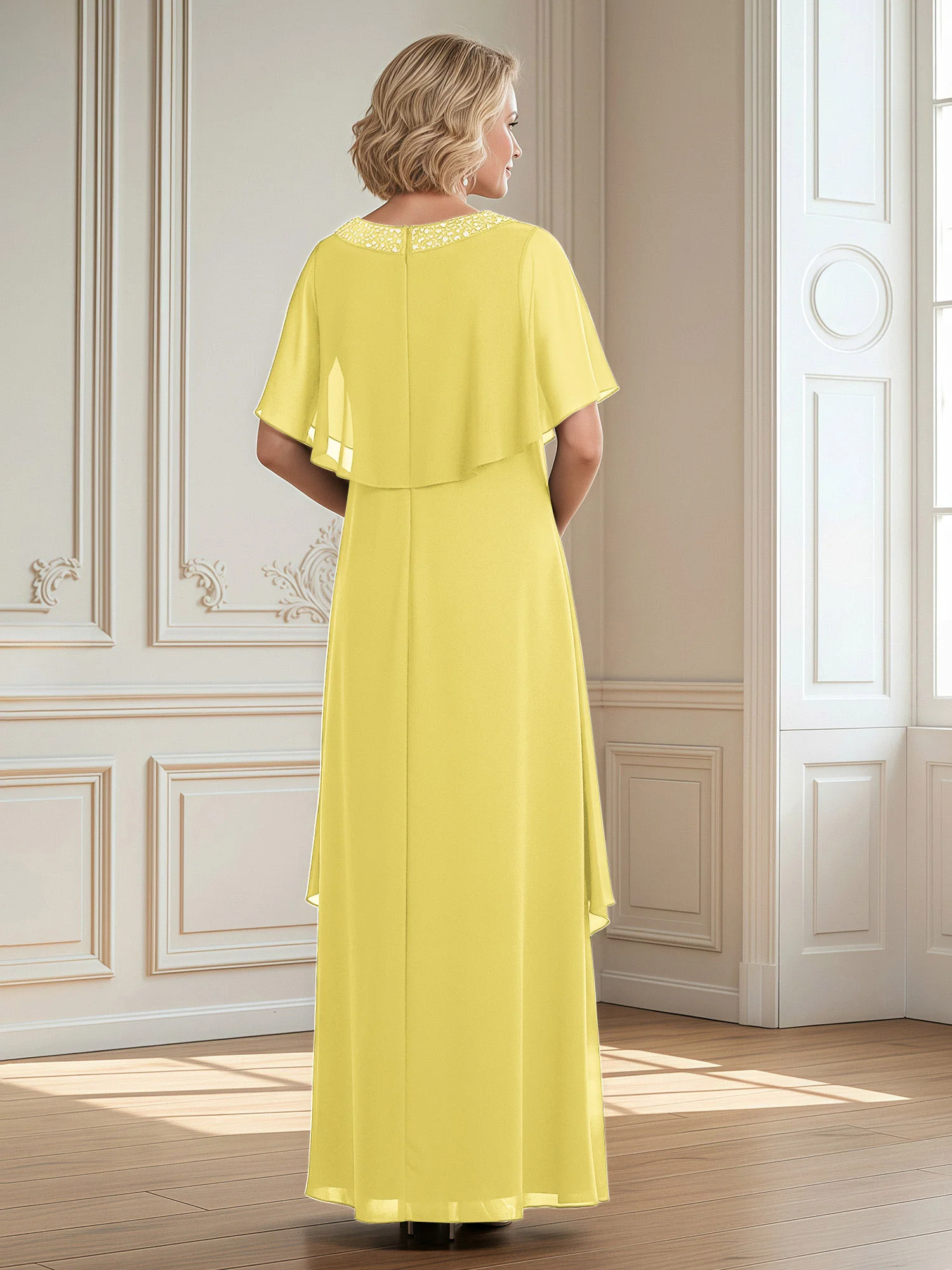 A-Line Beaded Scoop Floor-length Chiffon Dress Daffodil - Image 2