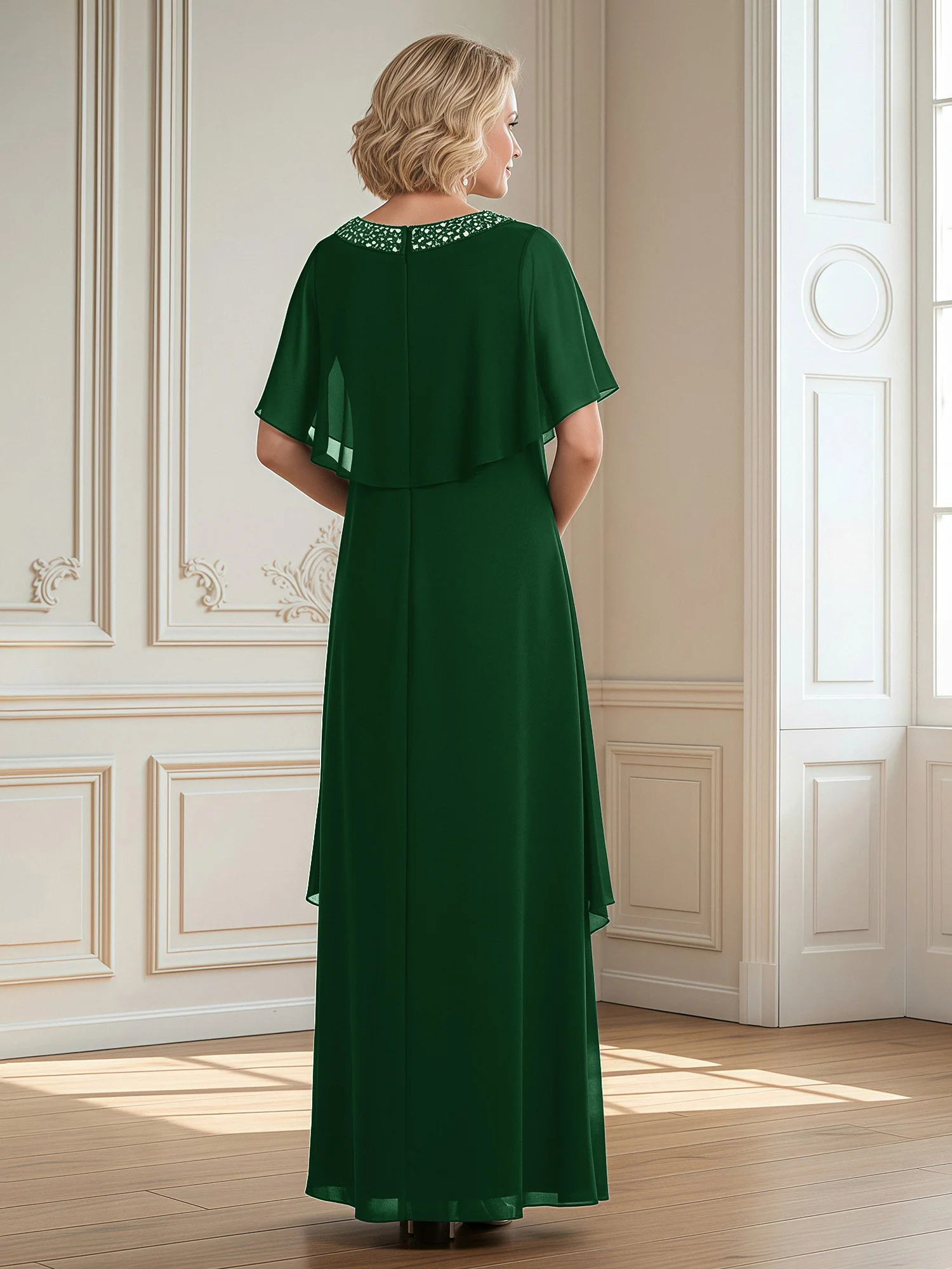 A-Line Beaded Scoop Floor-length Chiffon Dress Dark Green - Image 2