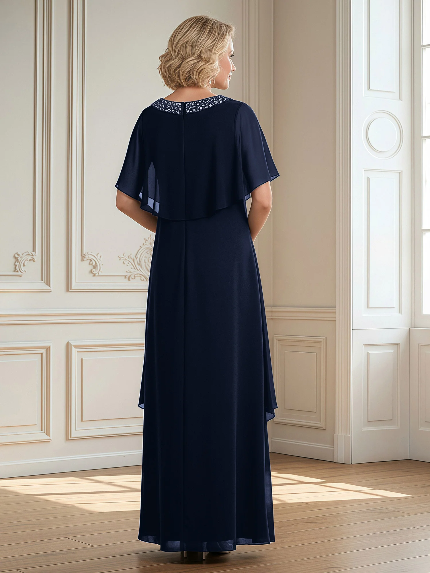 A-Line Beaded Scoop Floor-length Chiffon Dress Dark Navy - Image 2