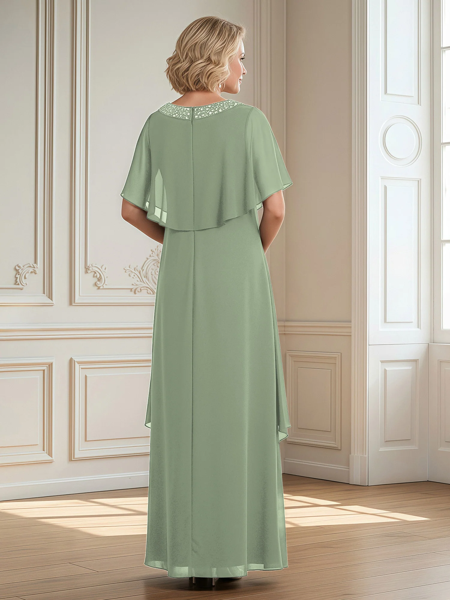 A-Line Beaded Scoop Floor-length Chiffon Dress Dusty Sage - Image 2