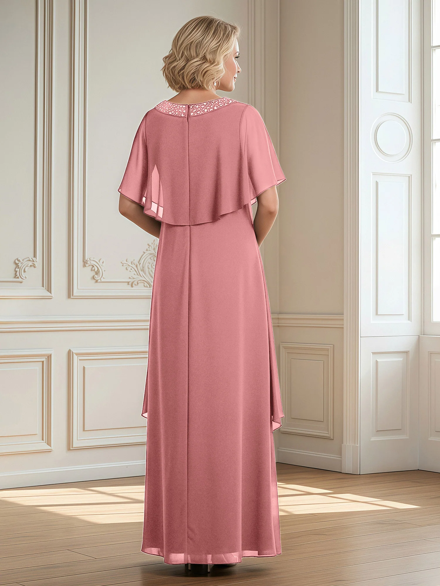 A-Line Beaded Scoop Floor-length Chiffon Dress Flamingo - Image 2