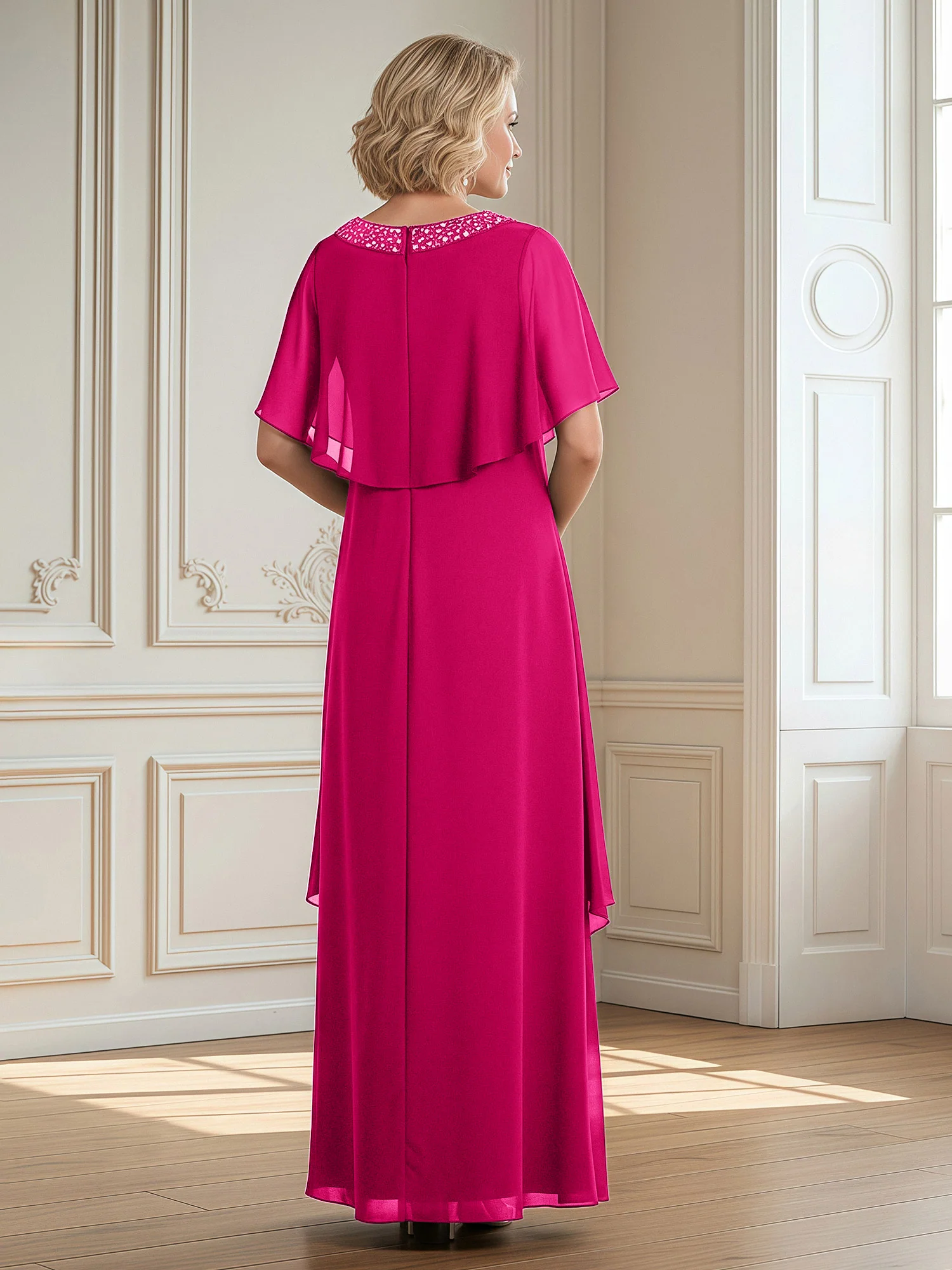 A-Line Beaded Scoop Floor-length Chiffon Dress Fuchsia - Image 2