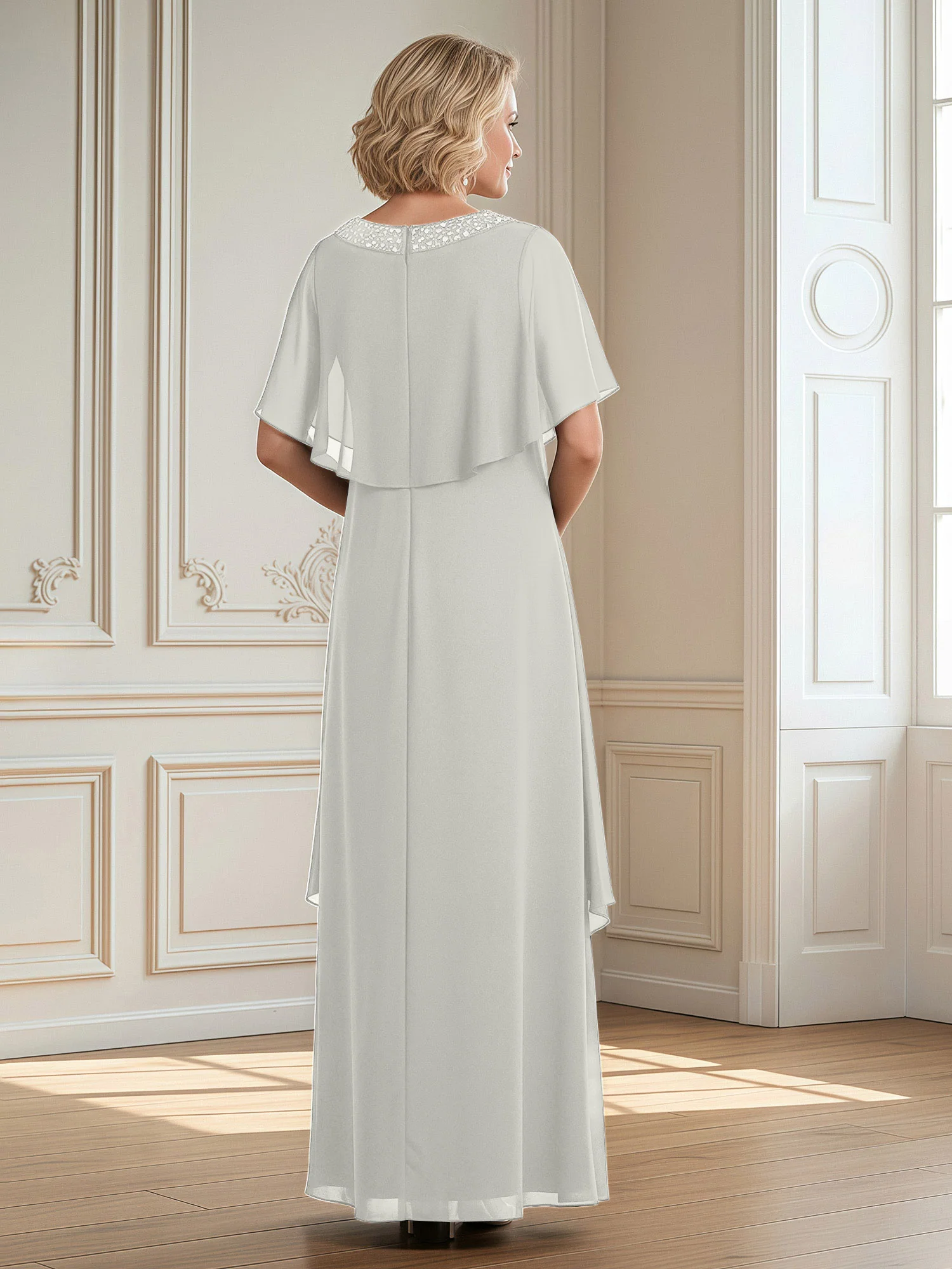 A-Line Beaded Scoop Floor-length Chiffon Dress Ivory - Image 2