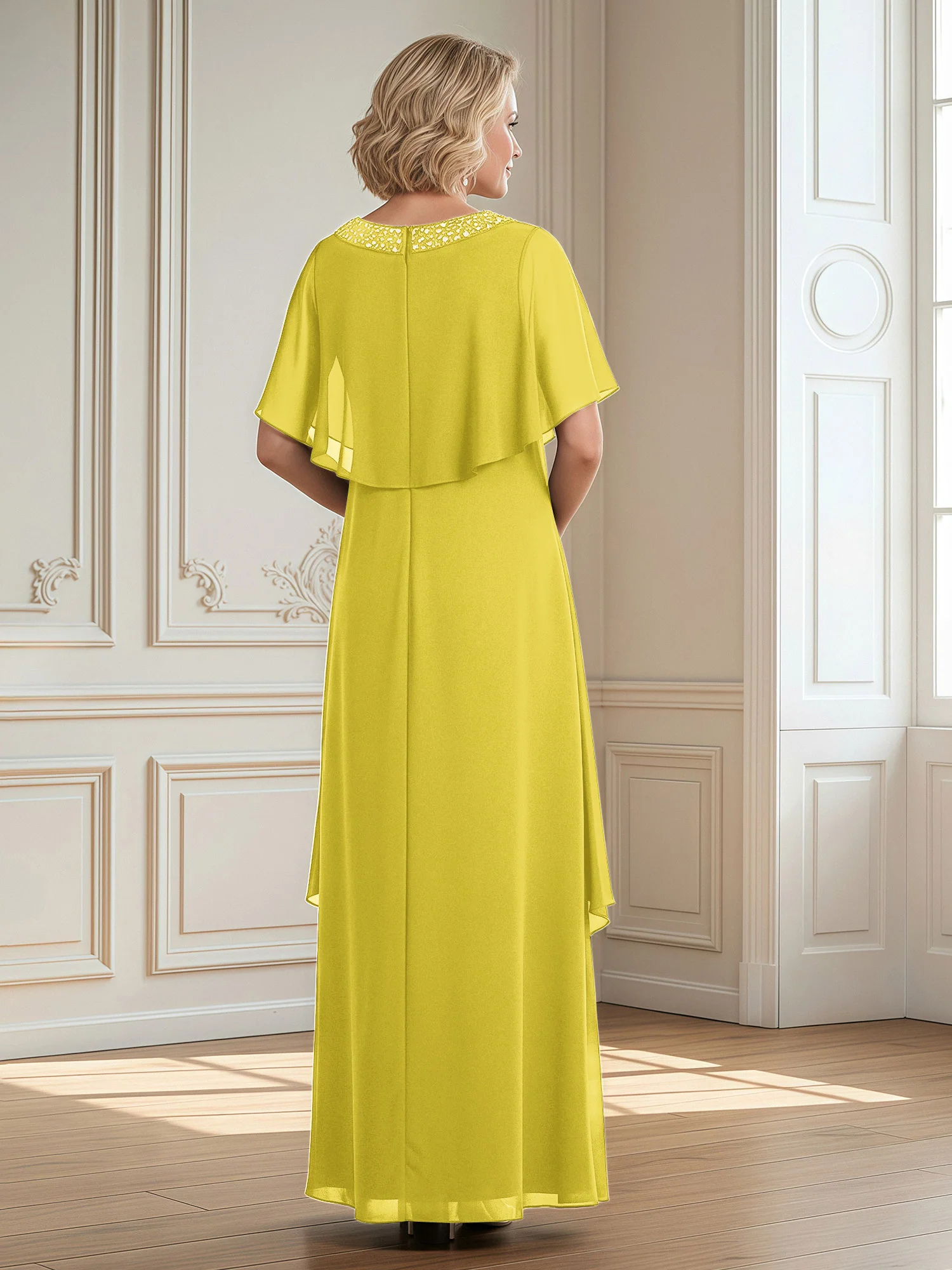 A-Line Beaded Scoop Floor-length Chiffon Dress Lemon - Image 2