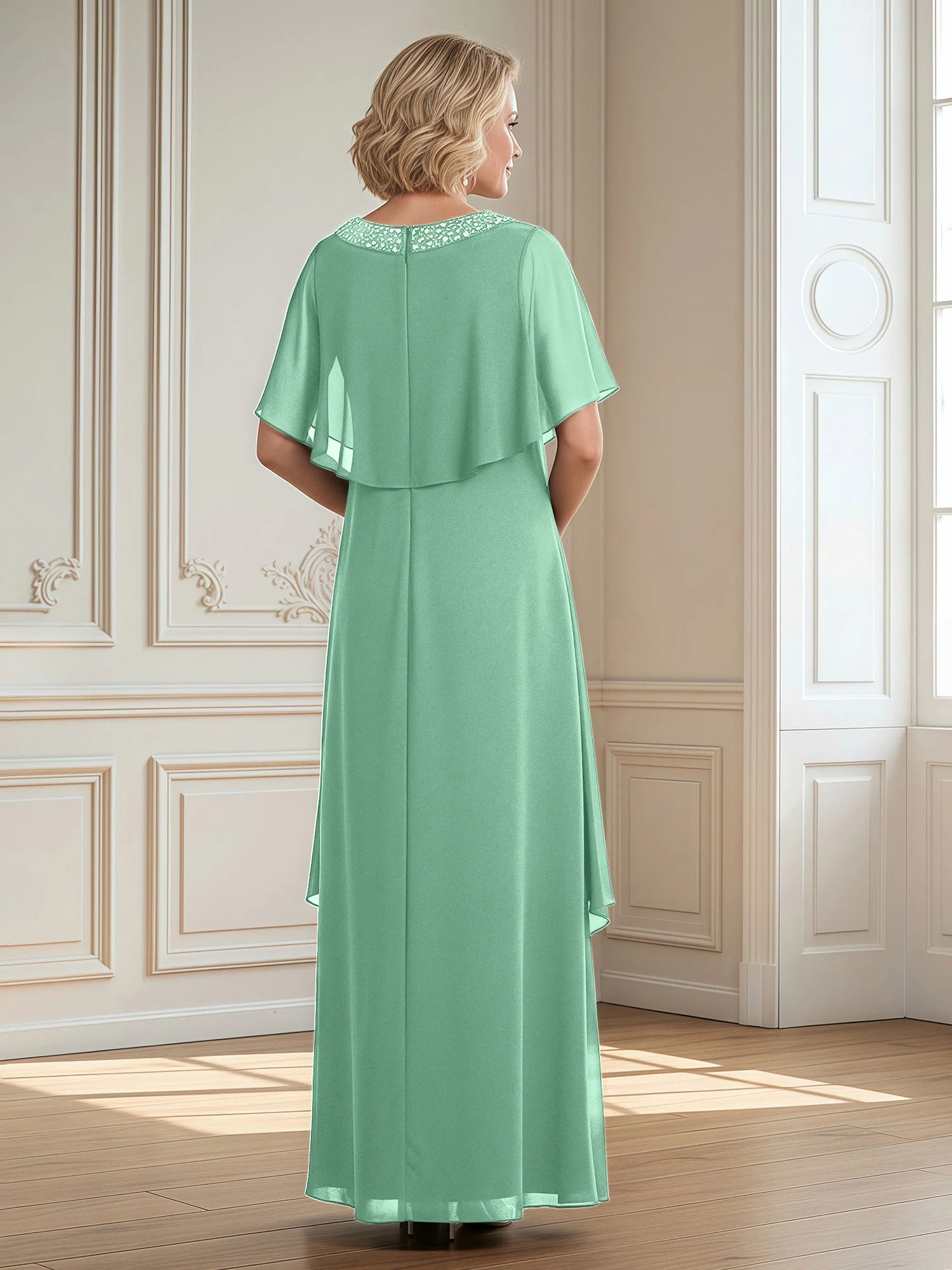 A-Line Beaded Scoop Floor-length Chiffon Dress Mint Green - Image 2