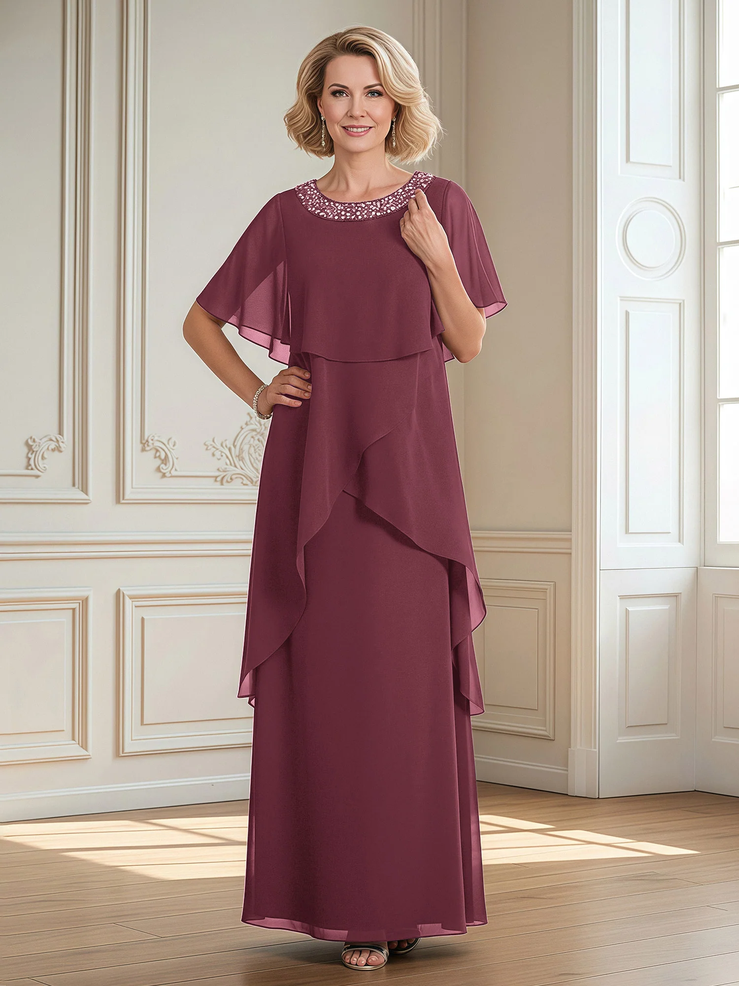 A-Line Beaded Scoop Floor-length Chiffon Dress Mulberry