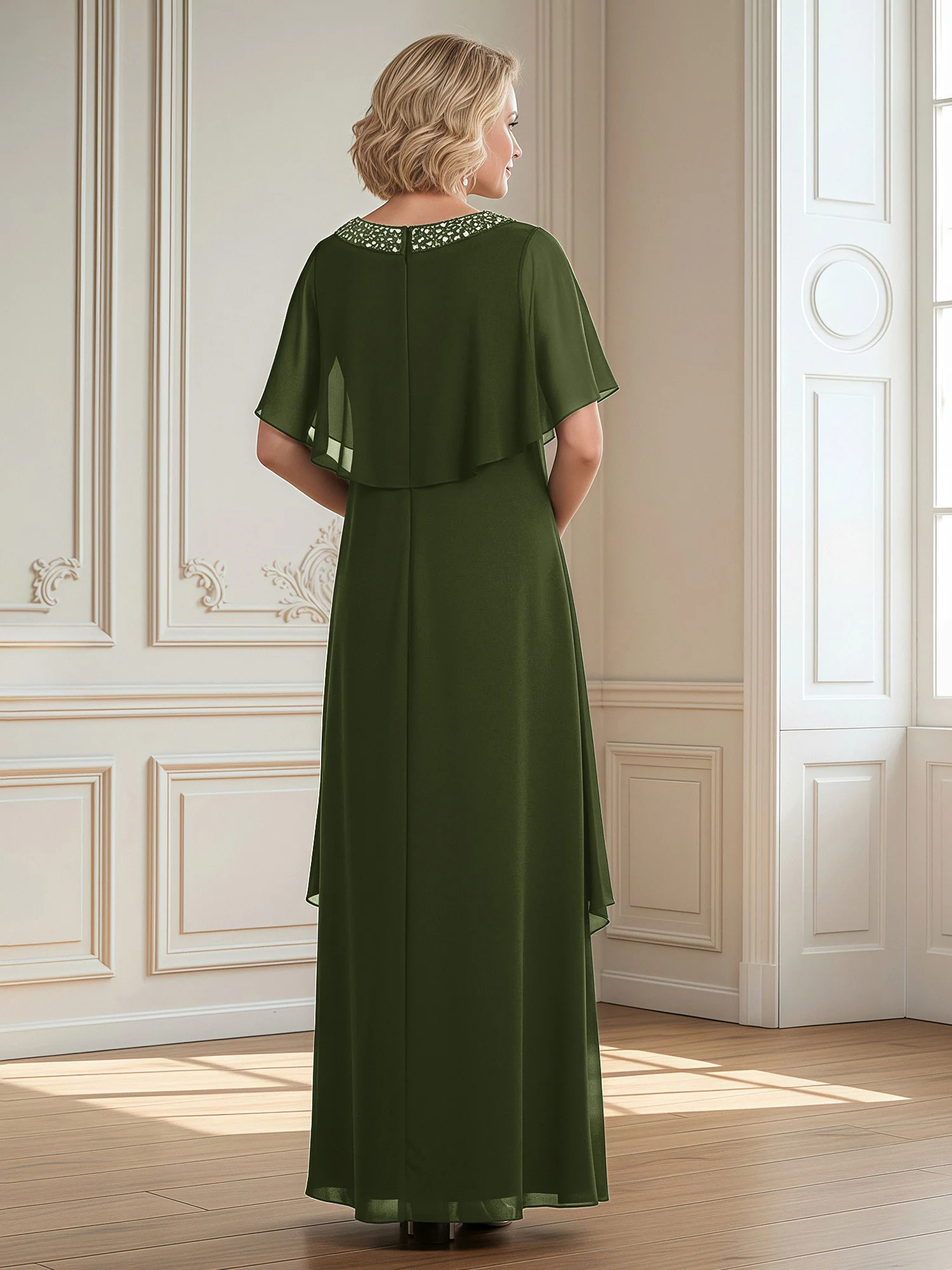 A-Line Beaded Scoop Floor-length Chiffon Dress Olive Green - Image 2