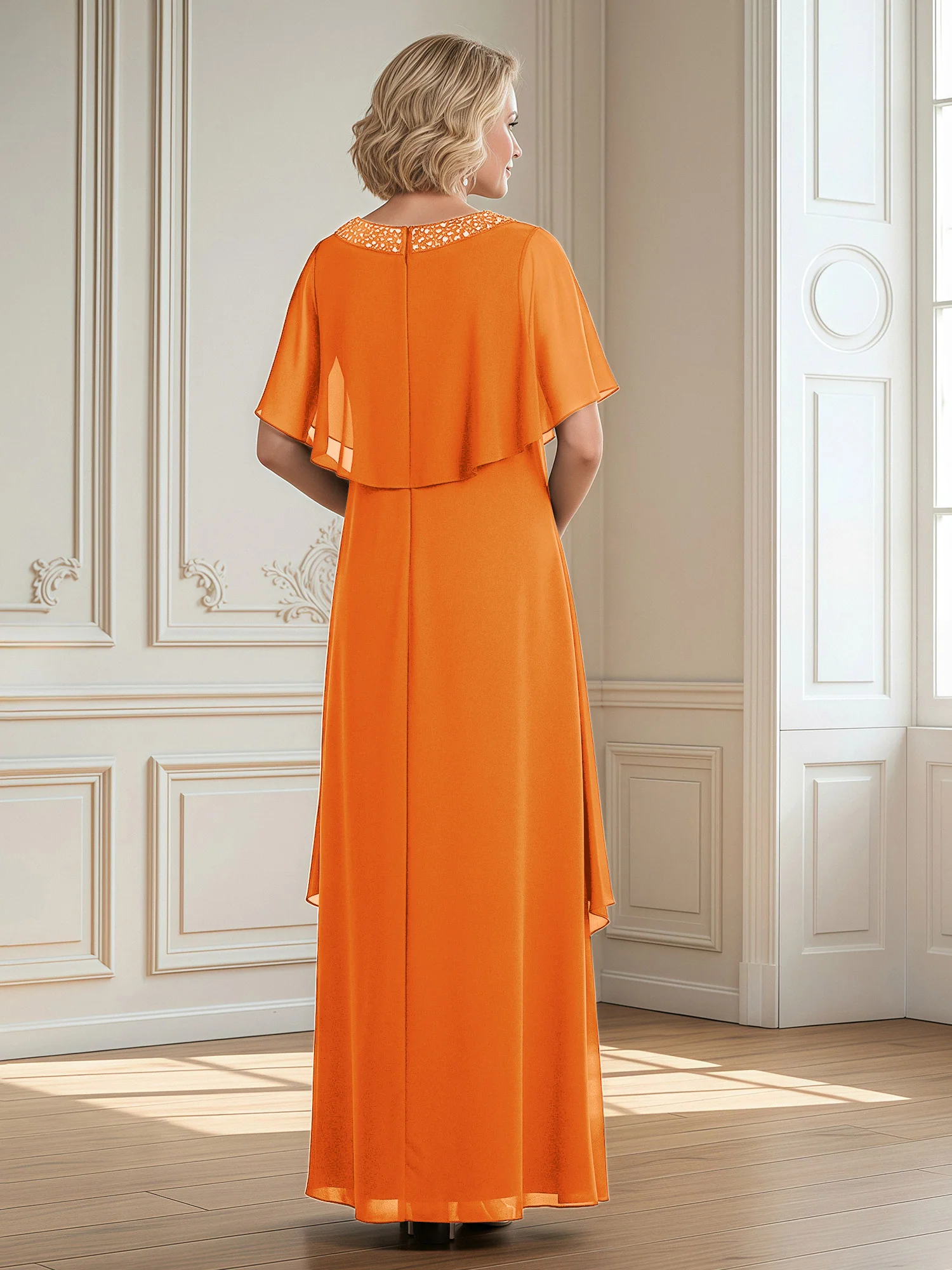 A-Line Beaded Scoop Floor-length Chiffon Dress Orange - Image 2