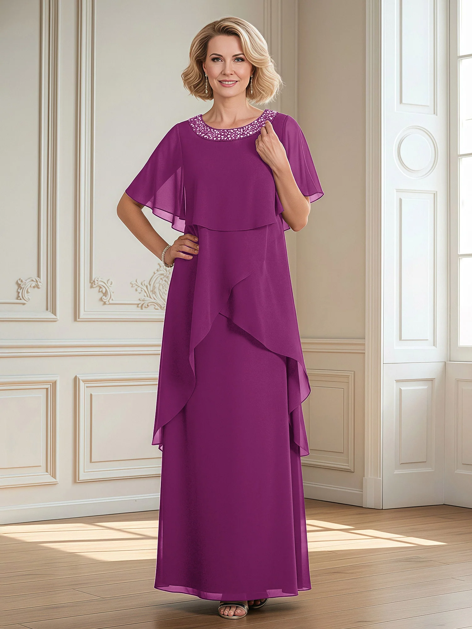 A-Line Beaded Scoop Floor-length Chiffon Dress Orchid