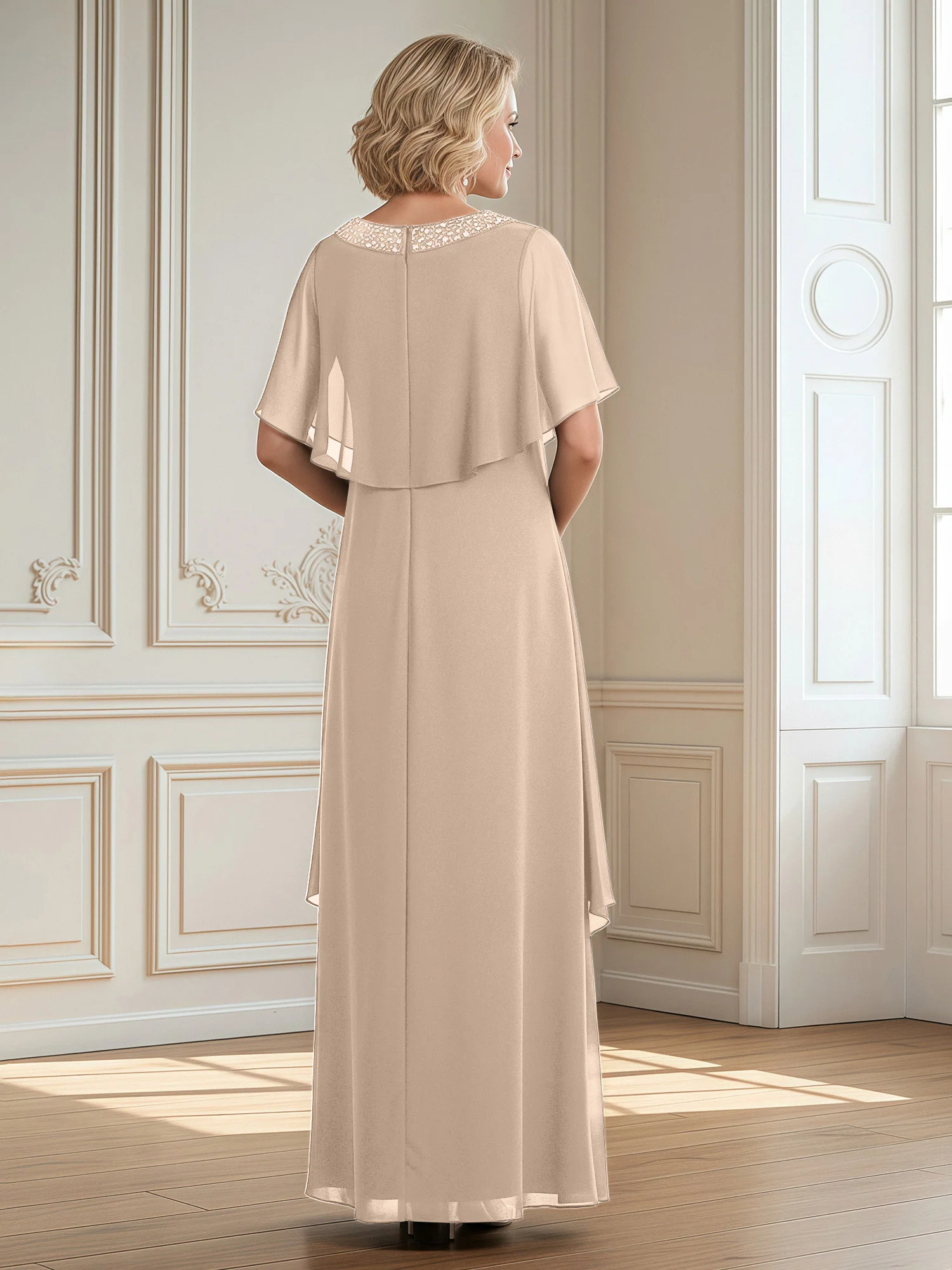 A-Line Beaded Scoop Floor-length Chiffon Dress Peach - Image 2