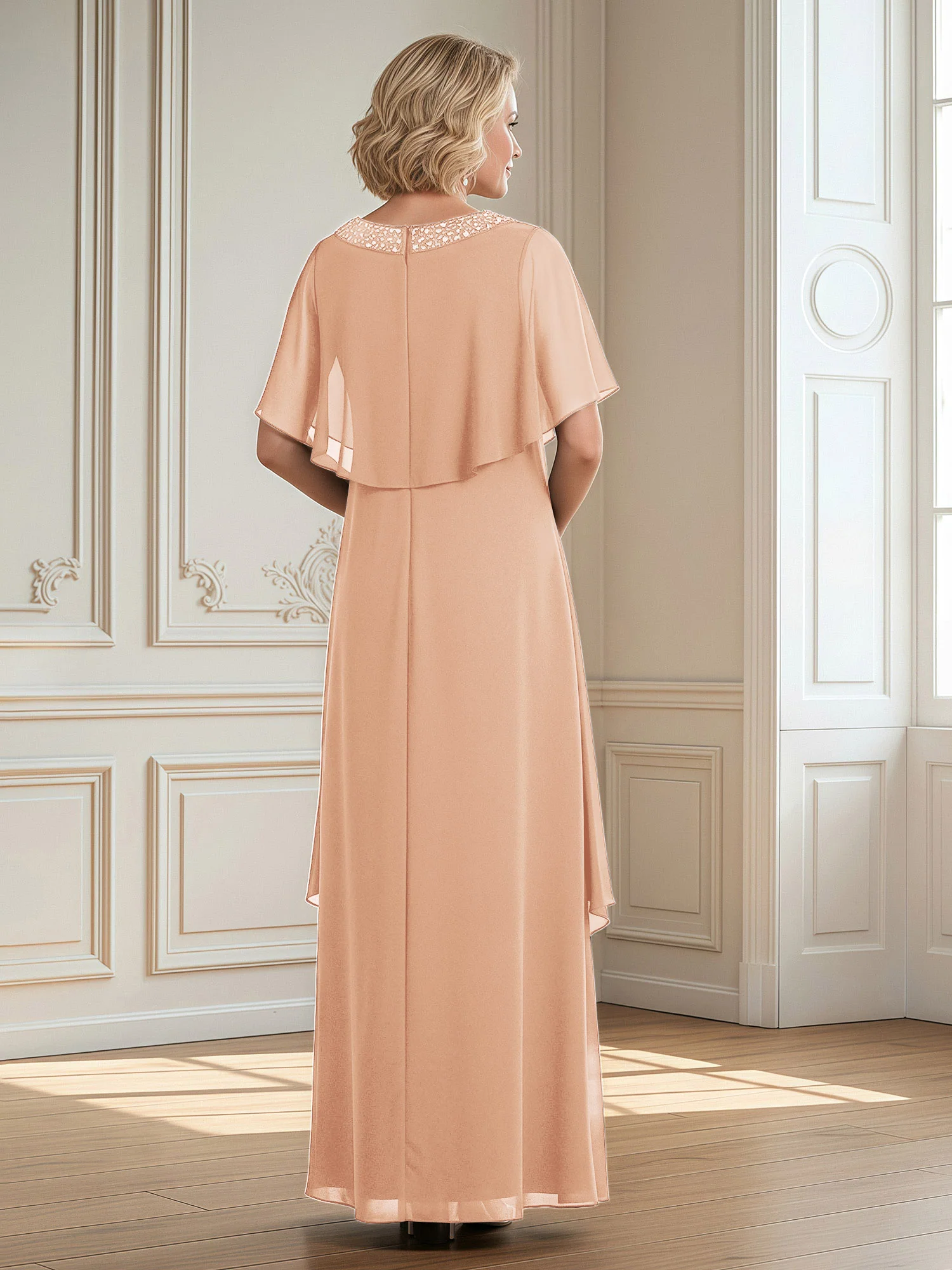 A-Line Beaded Scoop Floor-length Chiffon Dress Pearl Pink - Image 2