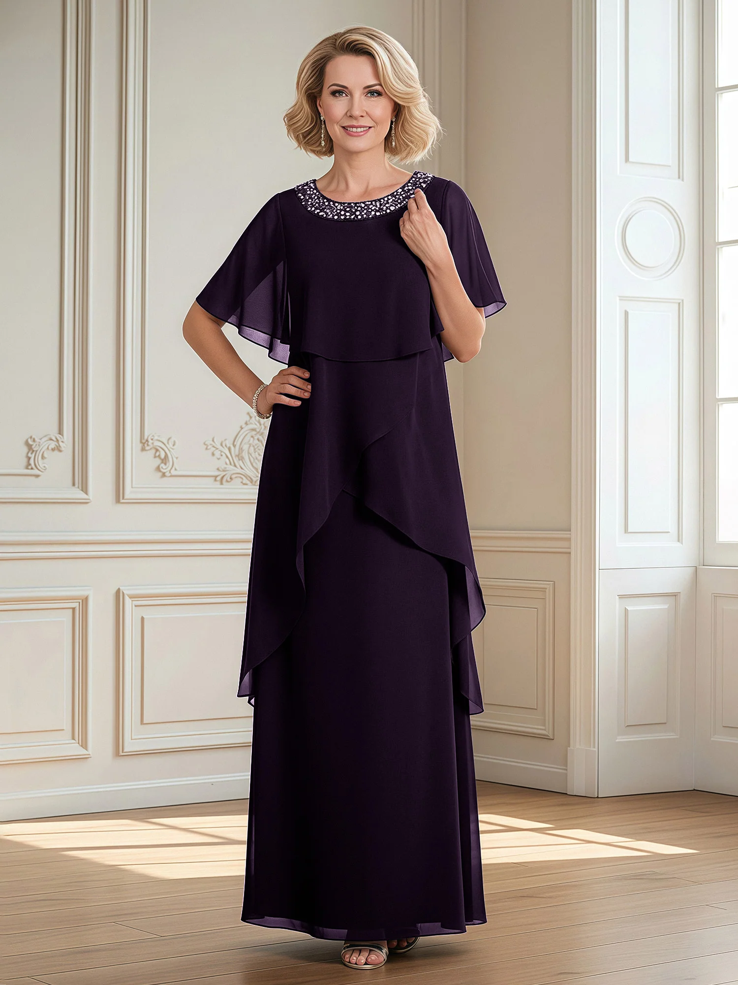 A-Line Beaded Scoop Floor-length Chiffon Dress Plum