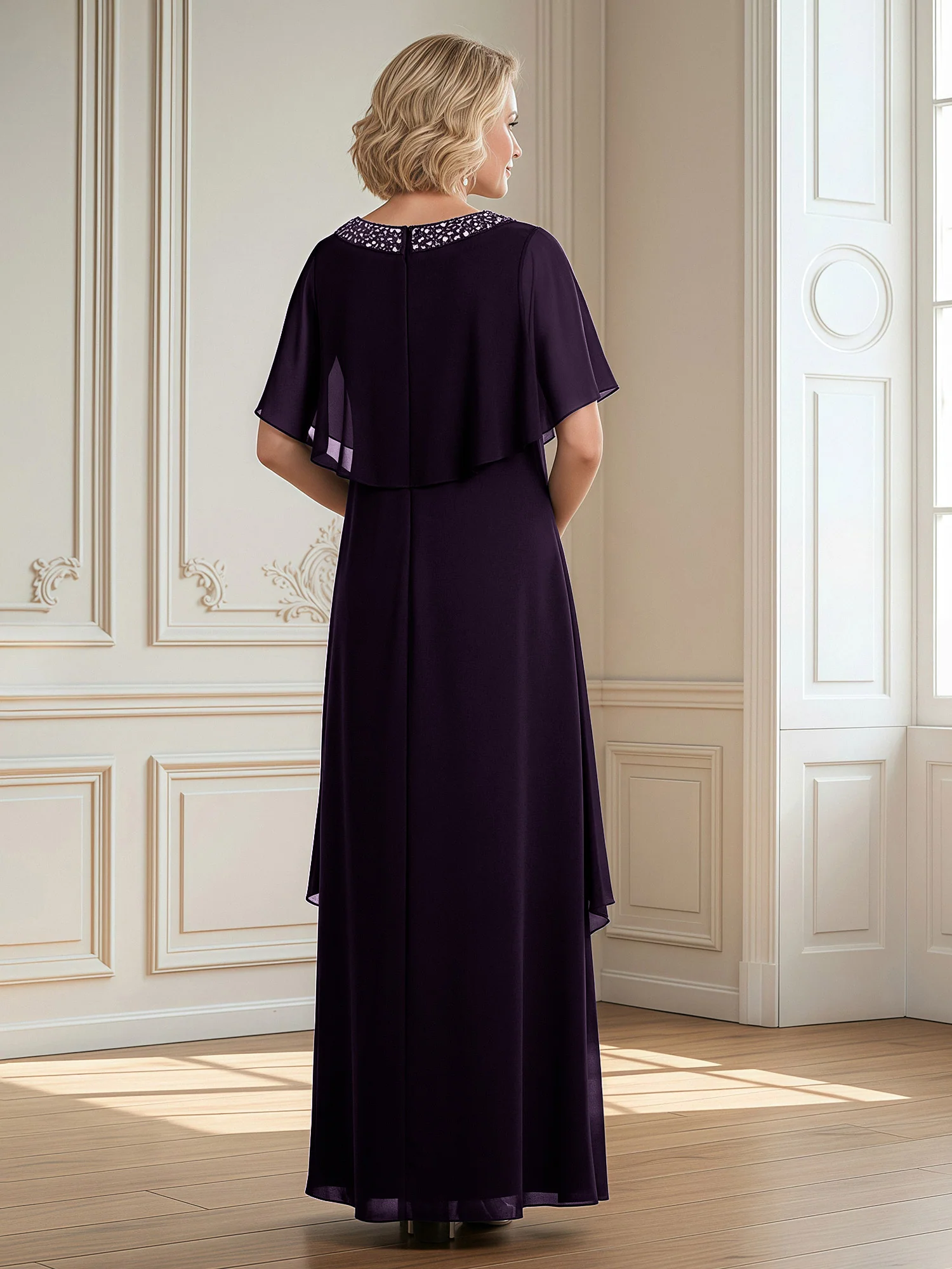 A-Line Beaded Scoop Floor-length Chiffon Dress Plum - Image 2