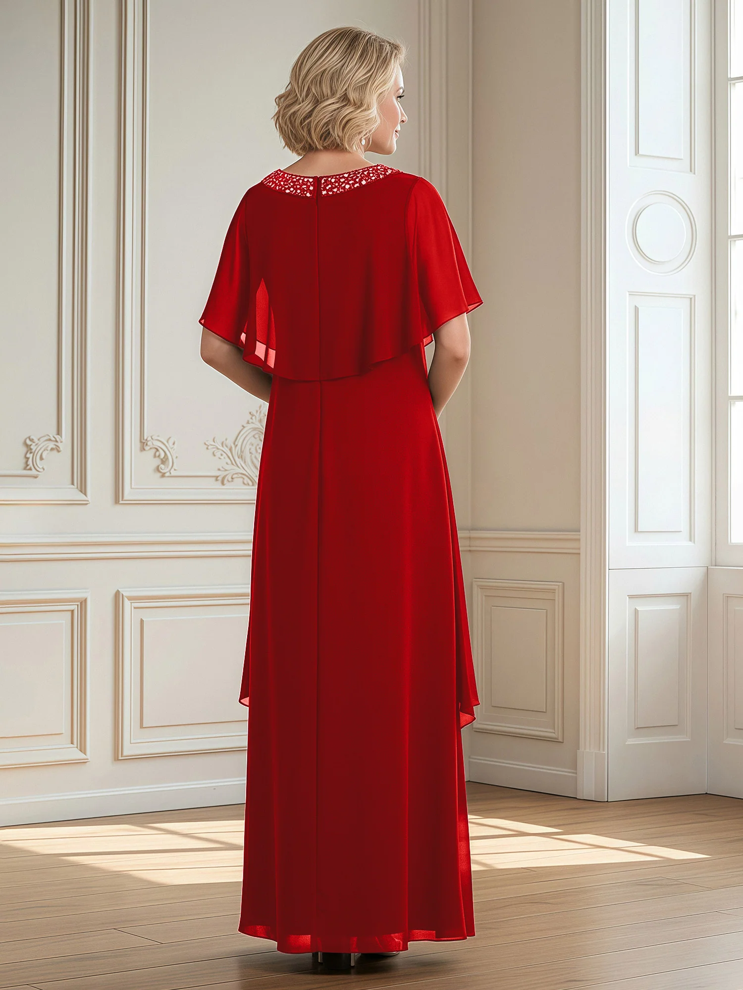 A-Line Beaded Scoop Floor-length Chiffon Dress Red - Image 2