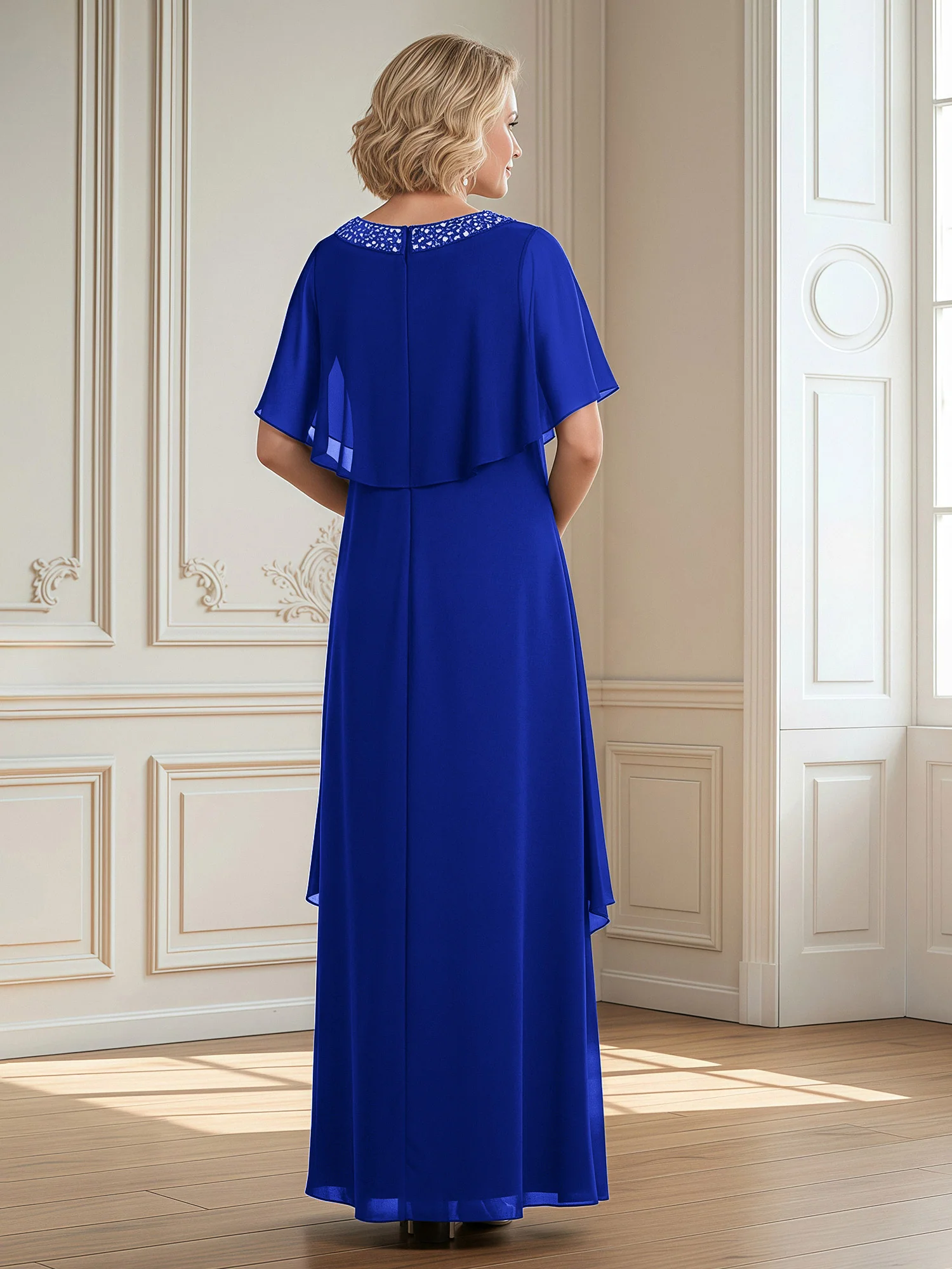 A-Line Beaded Scoop Floor-length Chiffon Dress Royal Blue - Image 2
