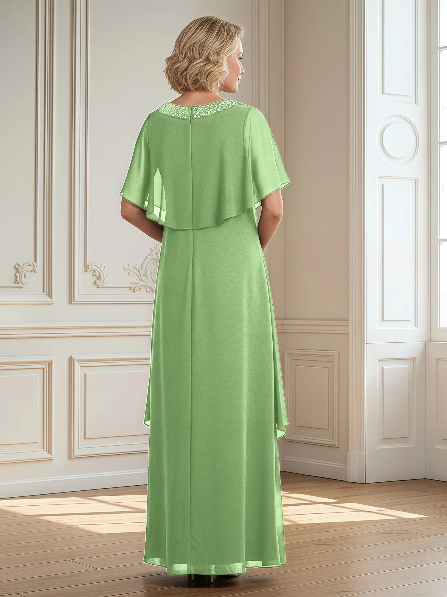 A-Line Beaded Scoop Floor-length Chiffon Dress Sage - Image 2