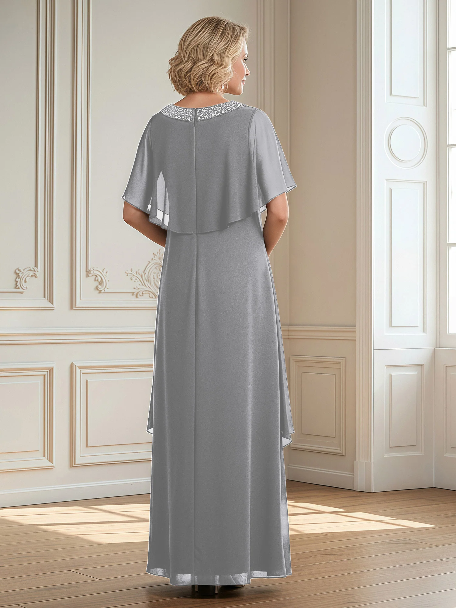 A-Line Beaded Scoop Floor-length Chiffon Dress Silver - Image 2