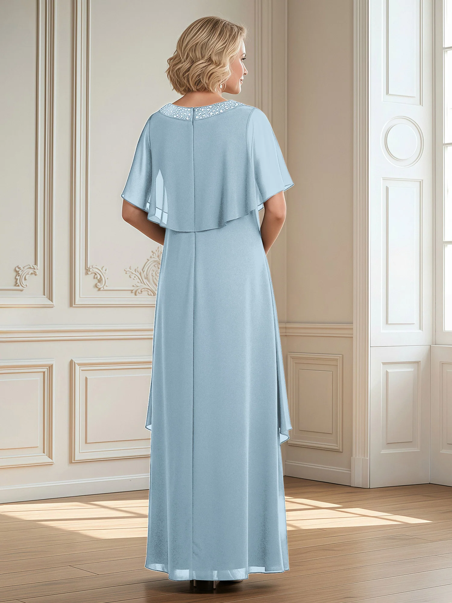 A-Line Beaded Scoop Floor-length Chiffon Dress Sky Blue - Image 2