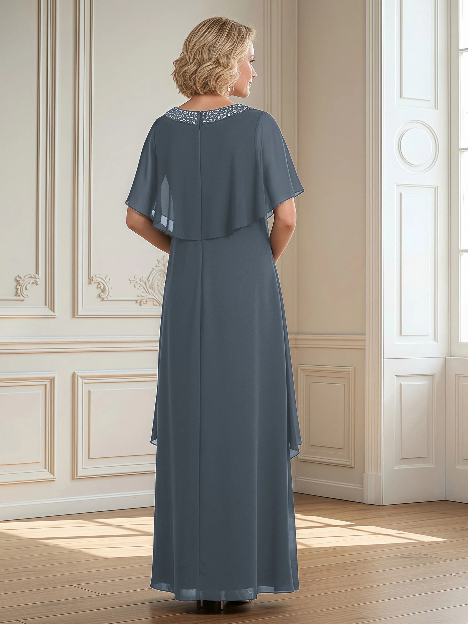 A-Line Beaded Scoop Floor-length Chiffon Dress Slate Blue - Image 2