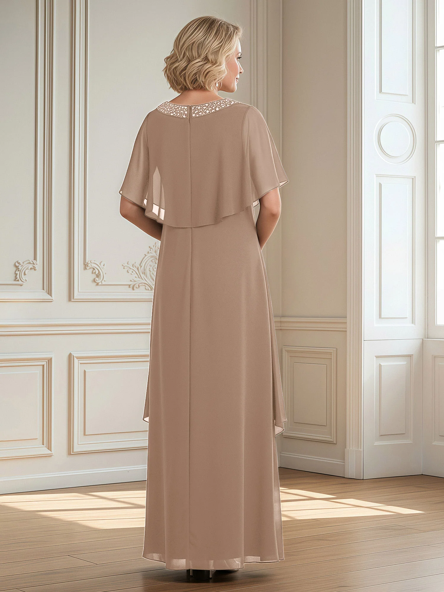 A-Line Beaded Scoop Floor-length Chiffon Dress Taupe - Image 2