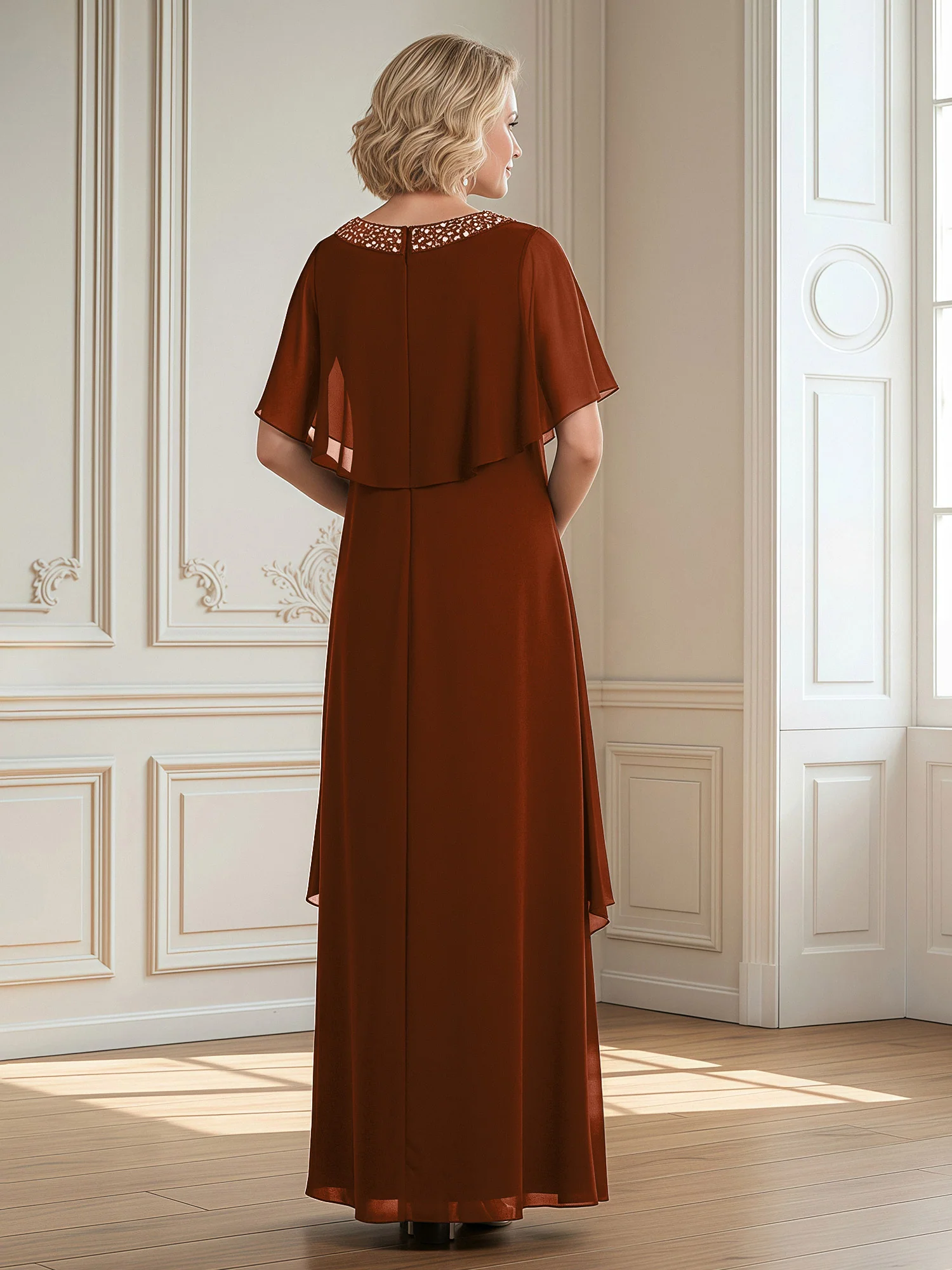A-Line Beaded Scoop Floor-length Chiffon Dress Terracotta - Image 2