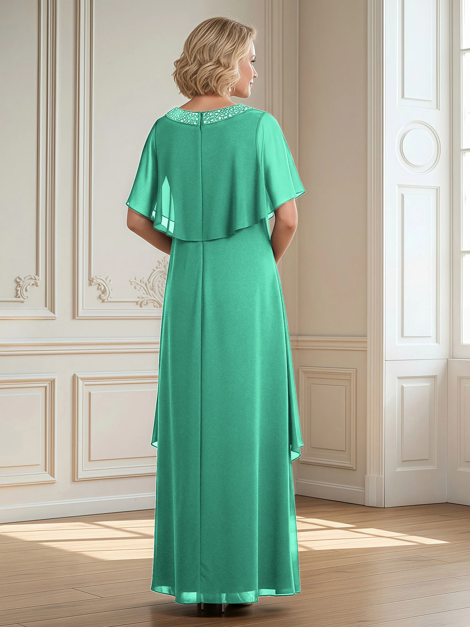 A-Line Beaded Scoop Floor-length Chiffon Dress Turquoise - Image 2